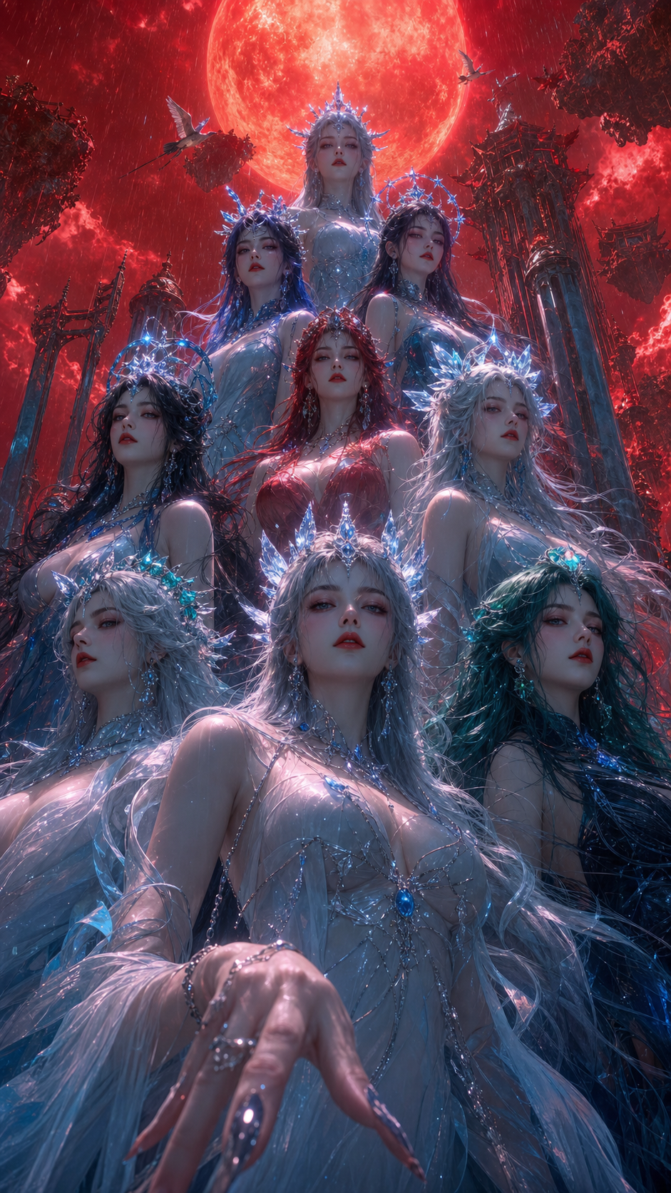 Nine Immortal Women in a Blood-Red Celestial Realm