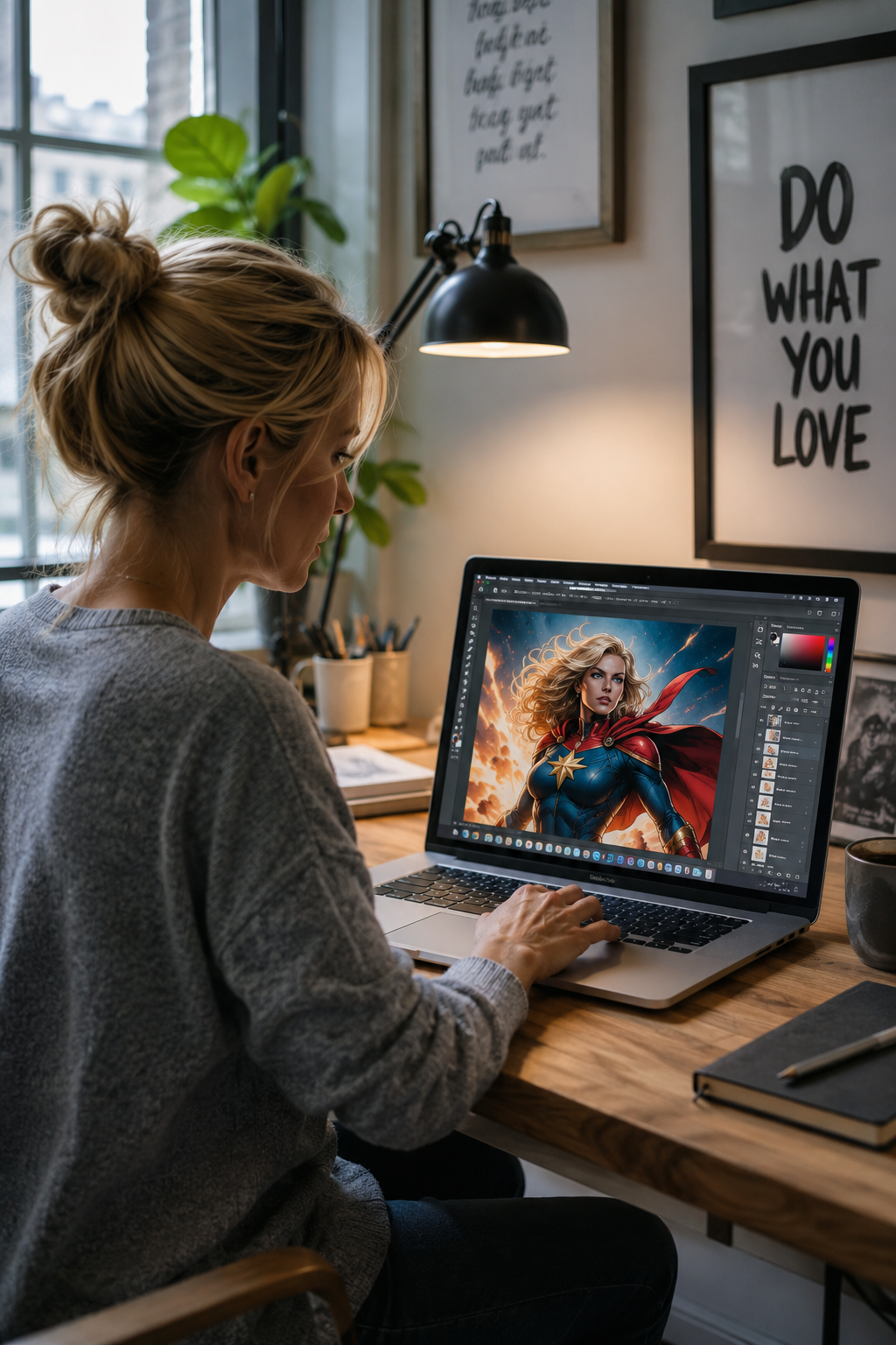 Woman Editing a Comic Hero in Photoshop