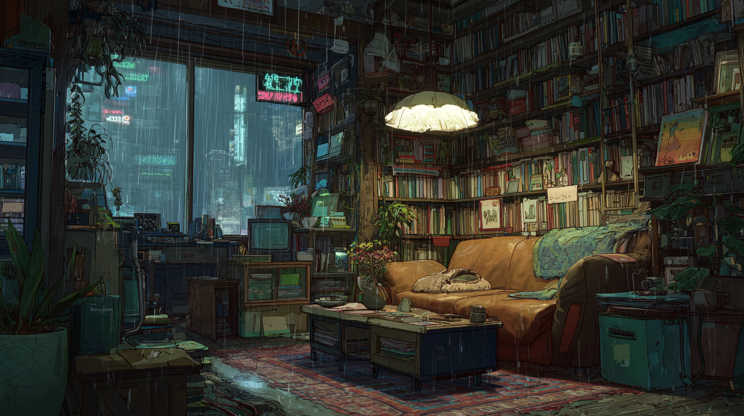 Cozy Rainy Cyberpunk Library