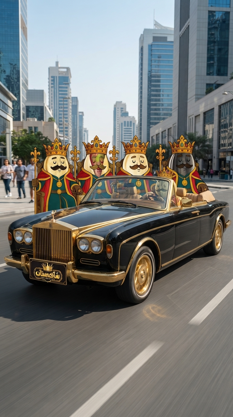 Four King Mascots in a Luxury Convertible