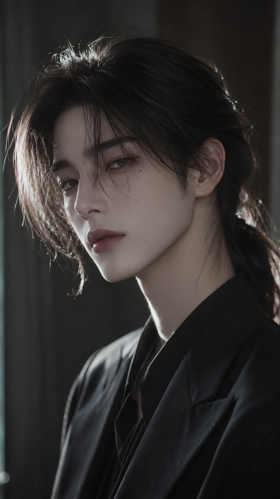 눈가에 붉은 점이 있는 중성적인 남성