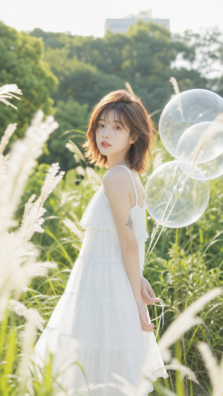 Woman with Balloons in Sunlit Pampas Grass