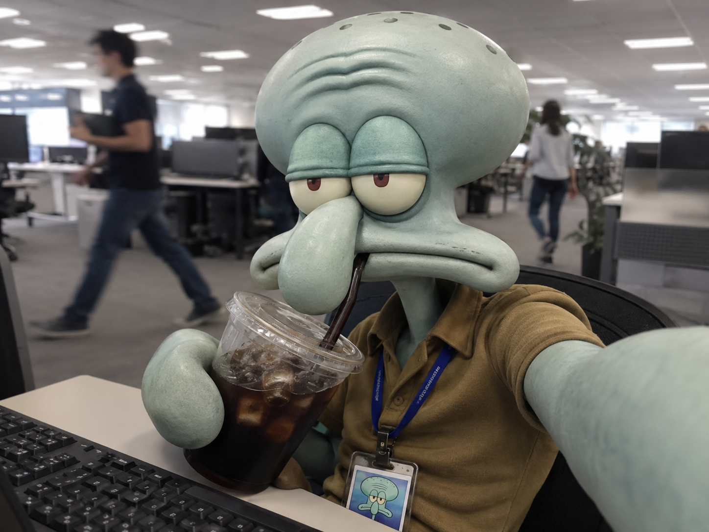 Thaddäus’ Büro-Selfie mit Eiskaffee