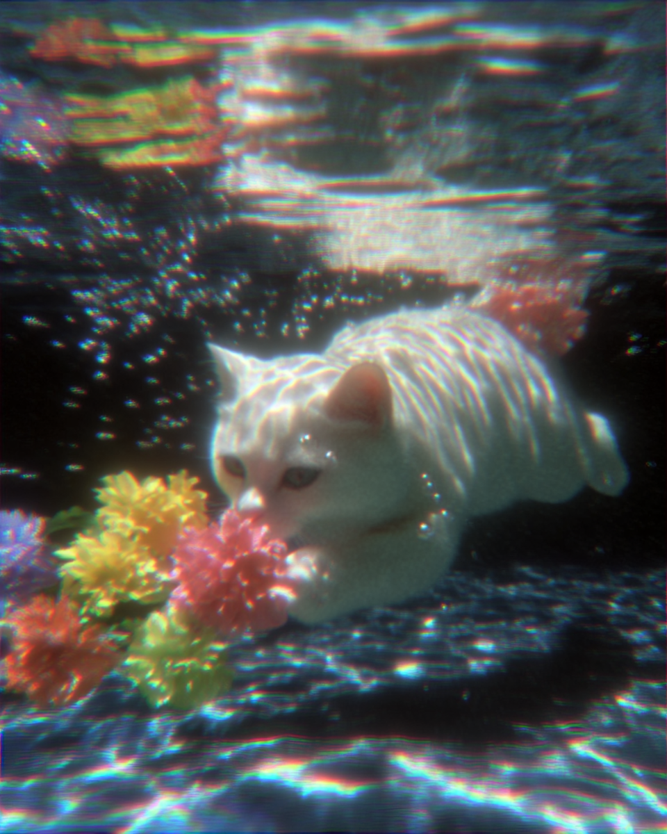 Underwater Cat Carrying Flowers
