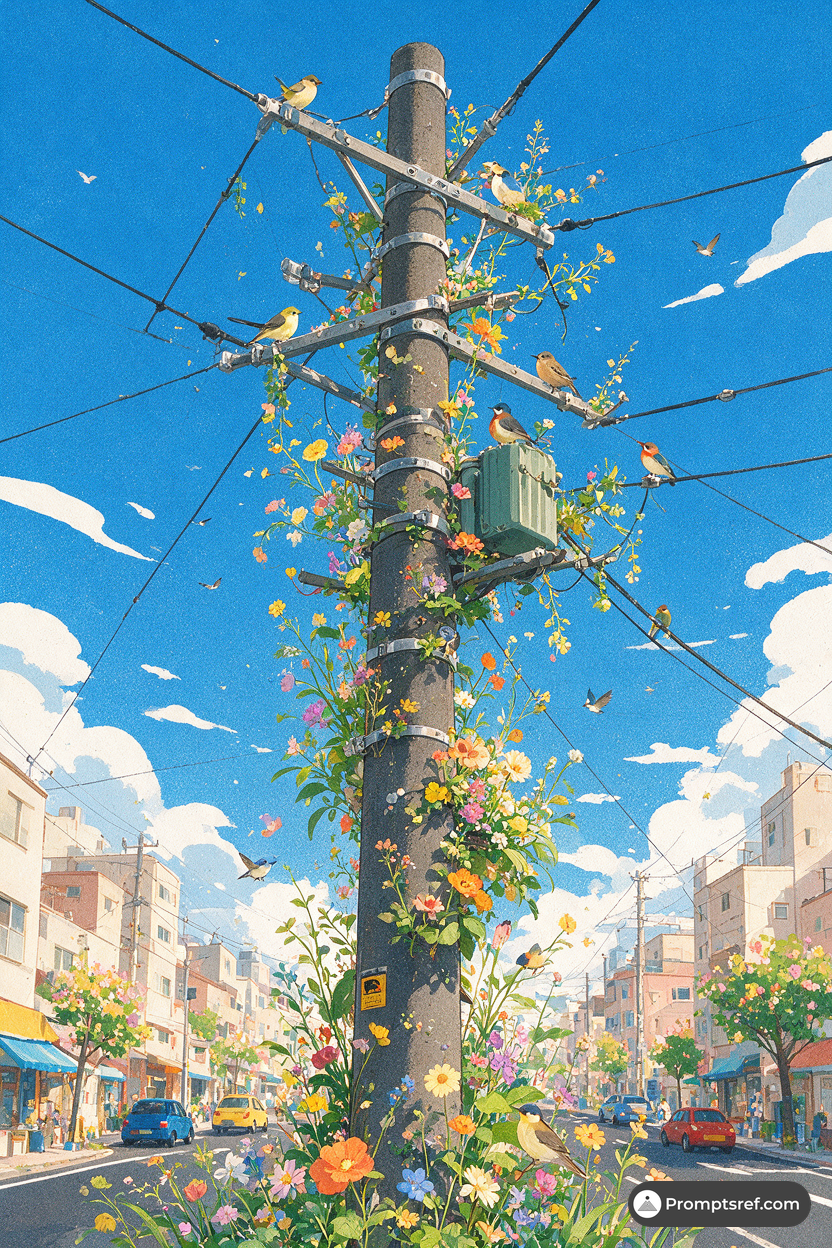 蓝天下开满花的电线杆
