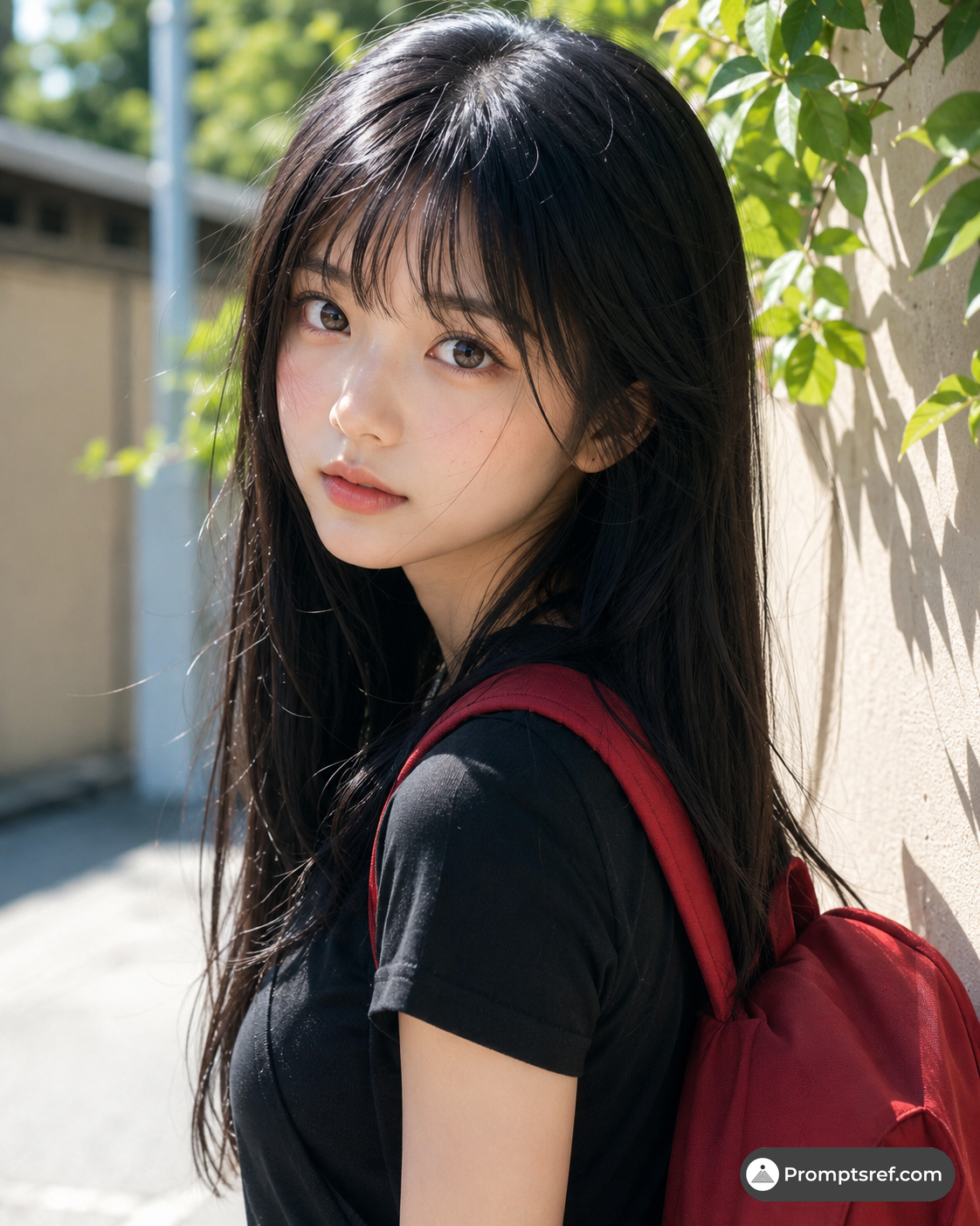 Japanisches Straßenporträt mit rotem Rucksack