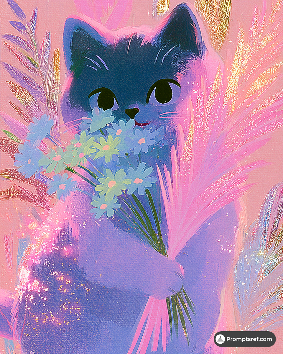 British Shorthair with Blue-Green Flowers