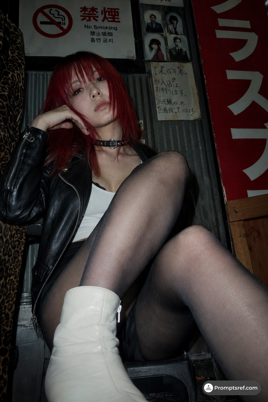 Crimson-Haired Cosplayer in a Worn Shop