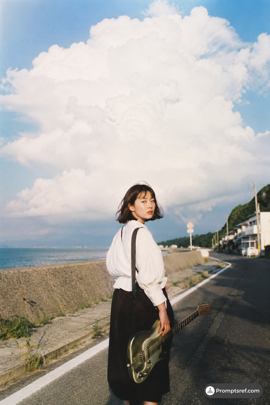 Guitar Girl on a Japanese Seaside Road