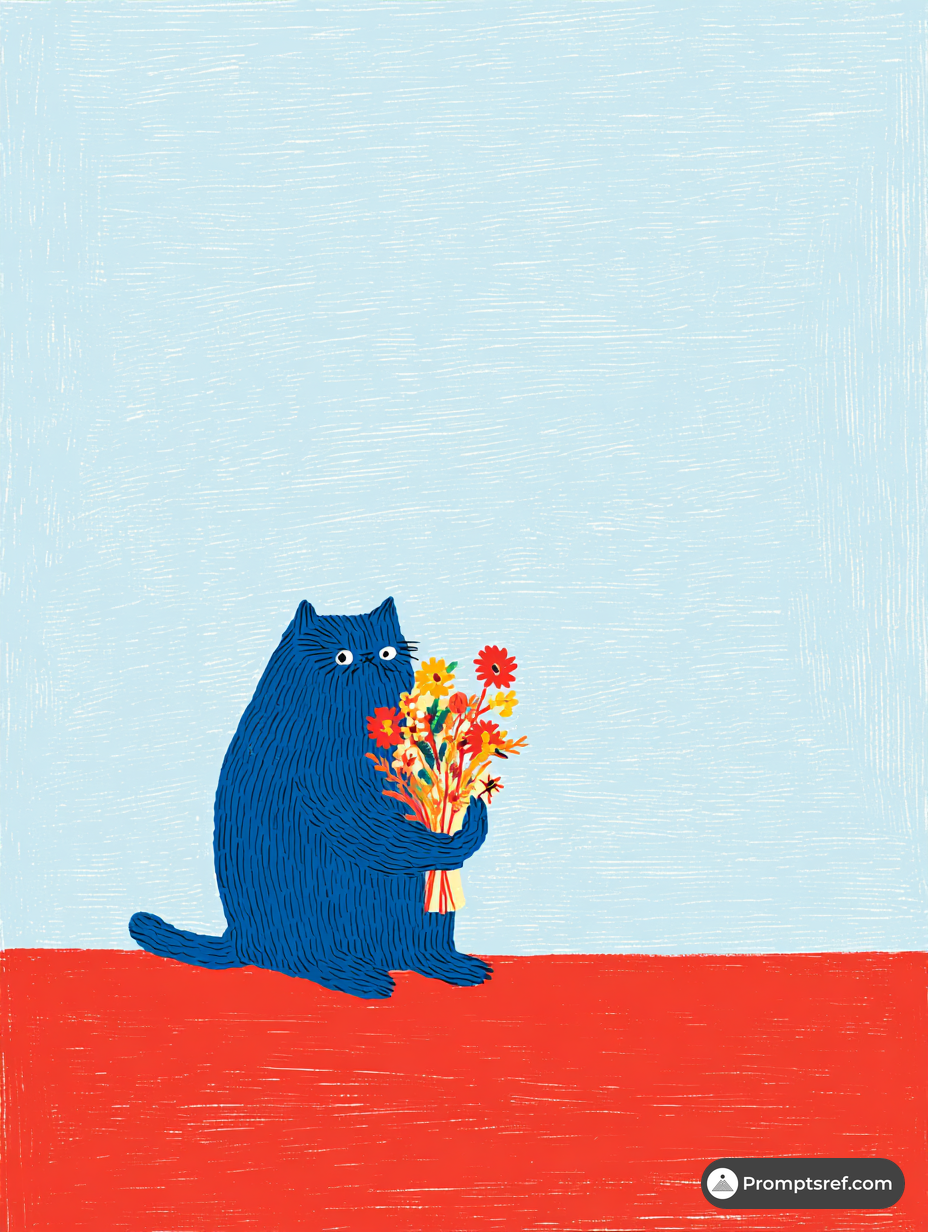 Blue Cat with Flowers on a Red Roof