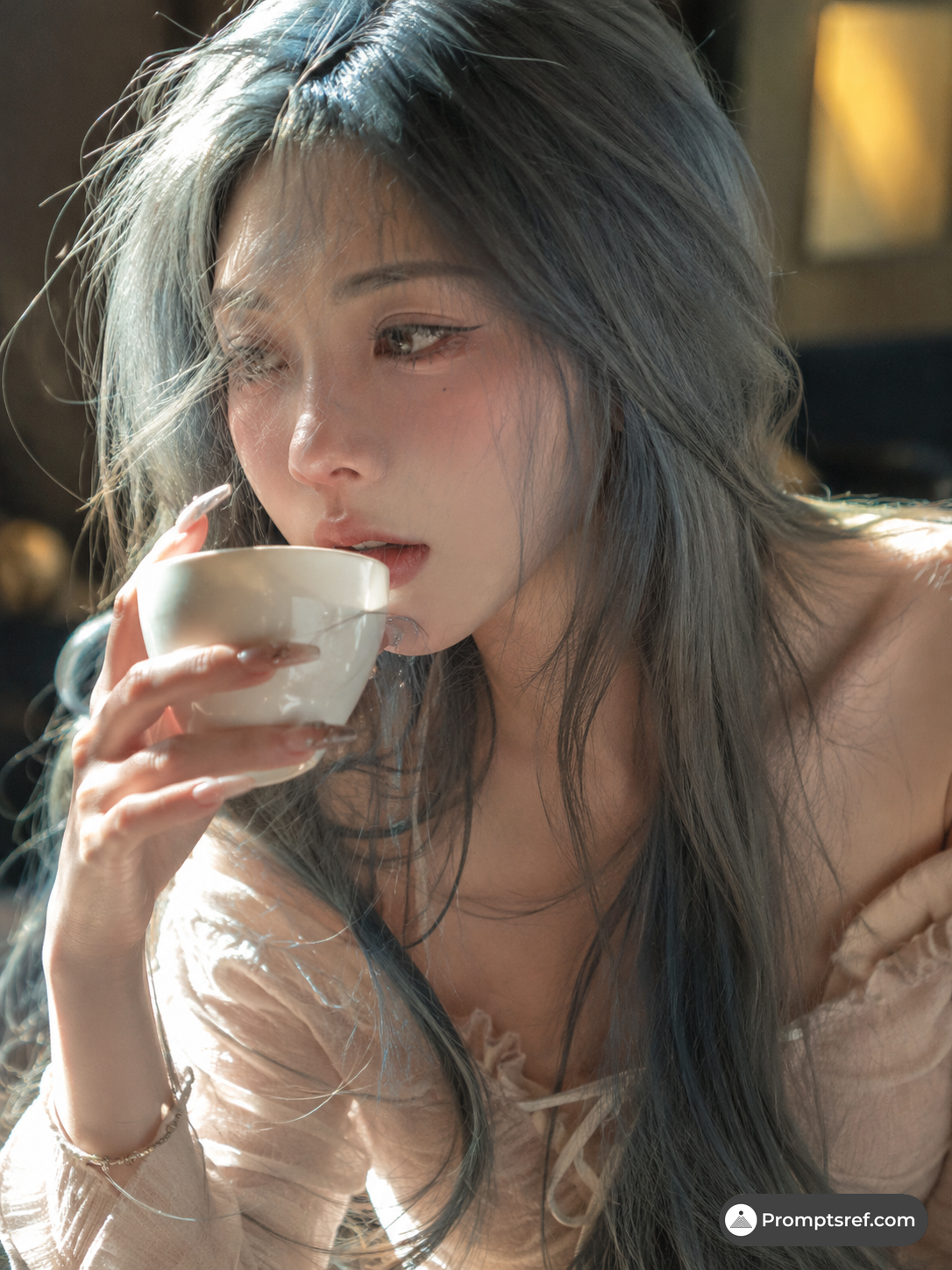 Blue-Gray-Haired Woman with a Teacup