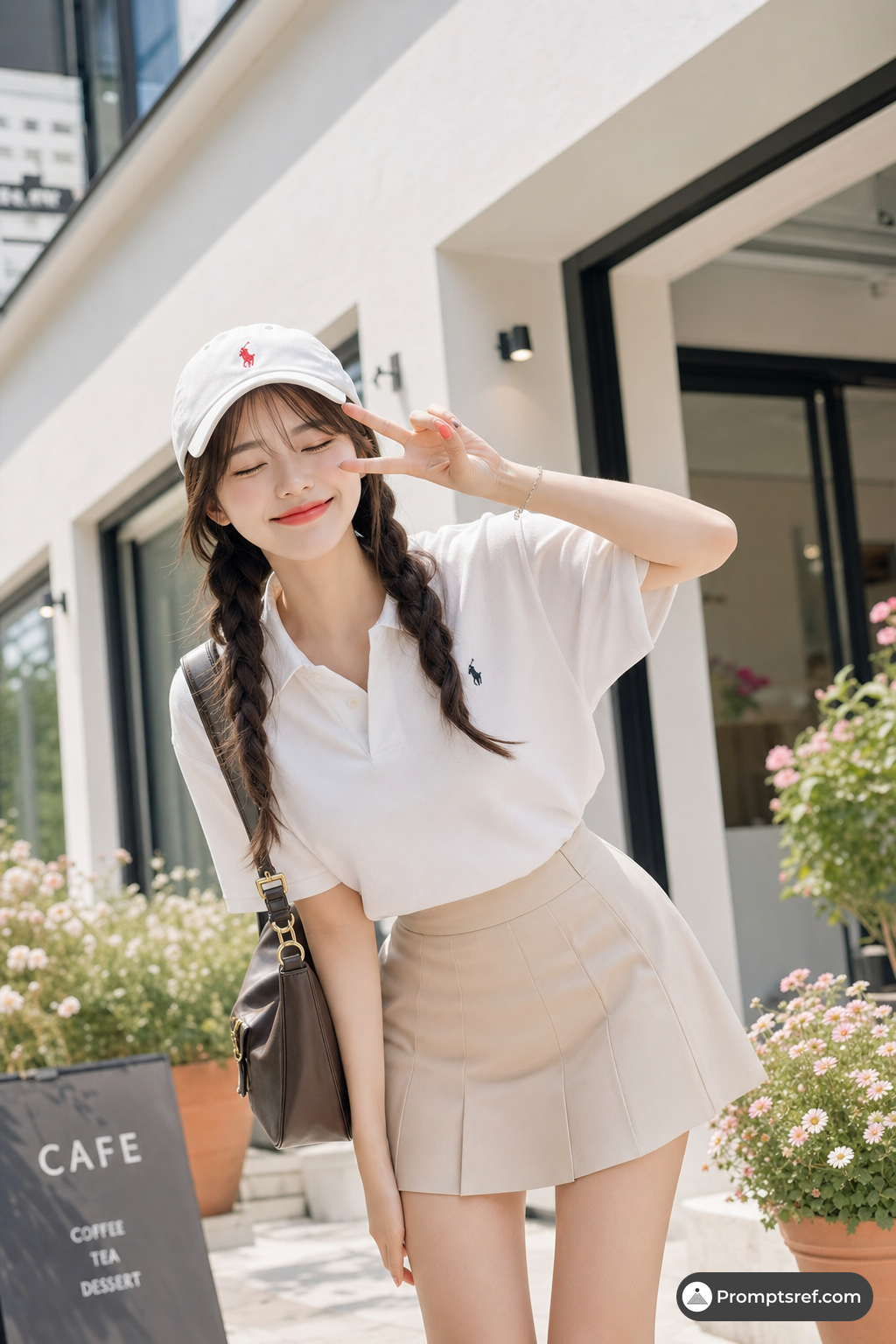 Sunny Japanese Café Peace-Sign Portrait