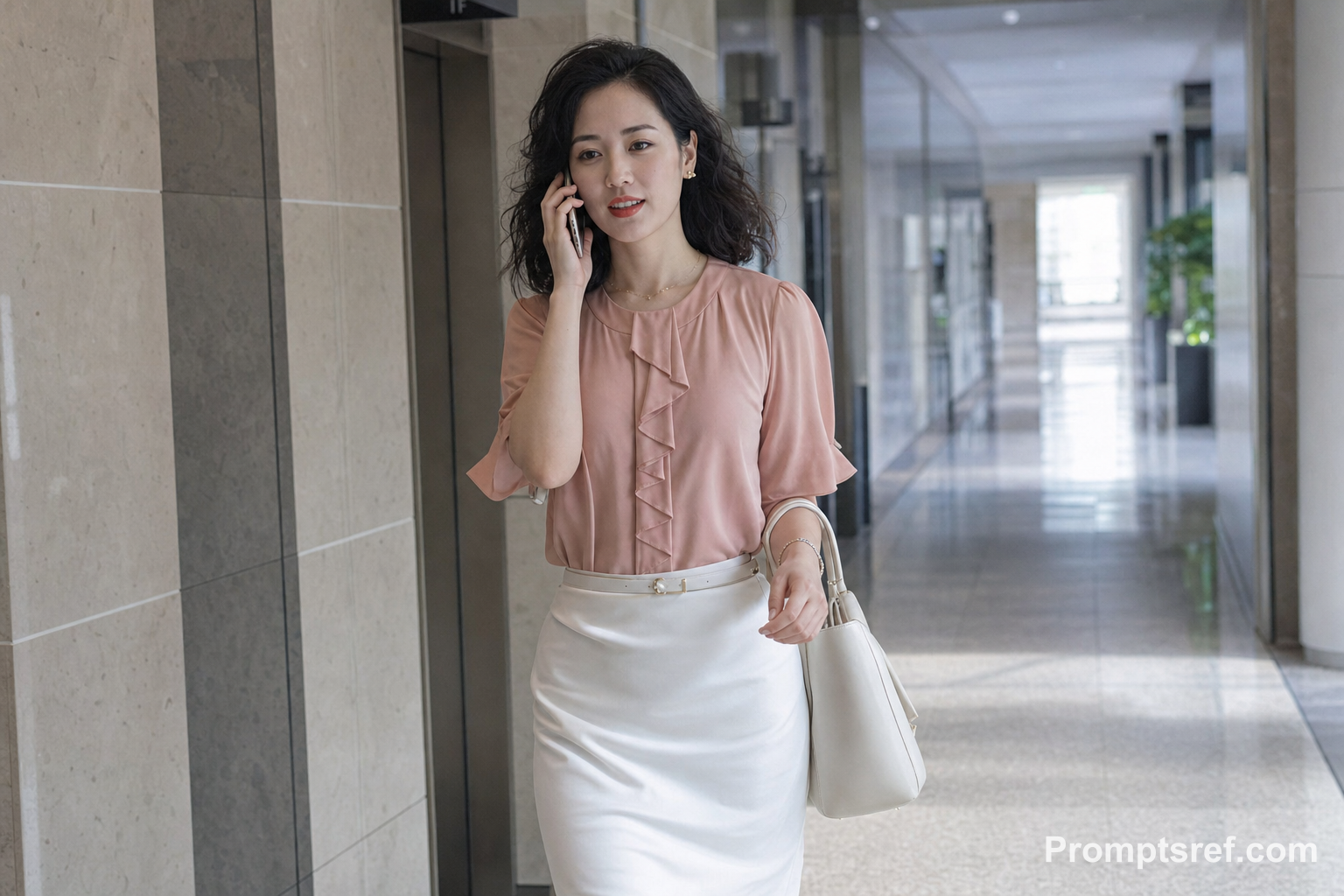 Japanische Schauspielerin beim Telefonat im Büro