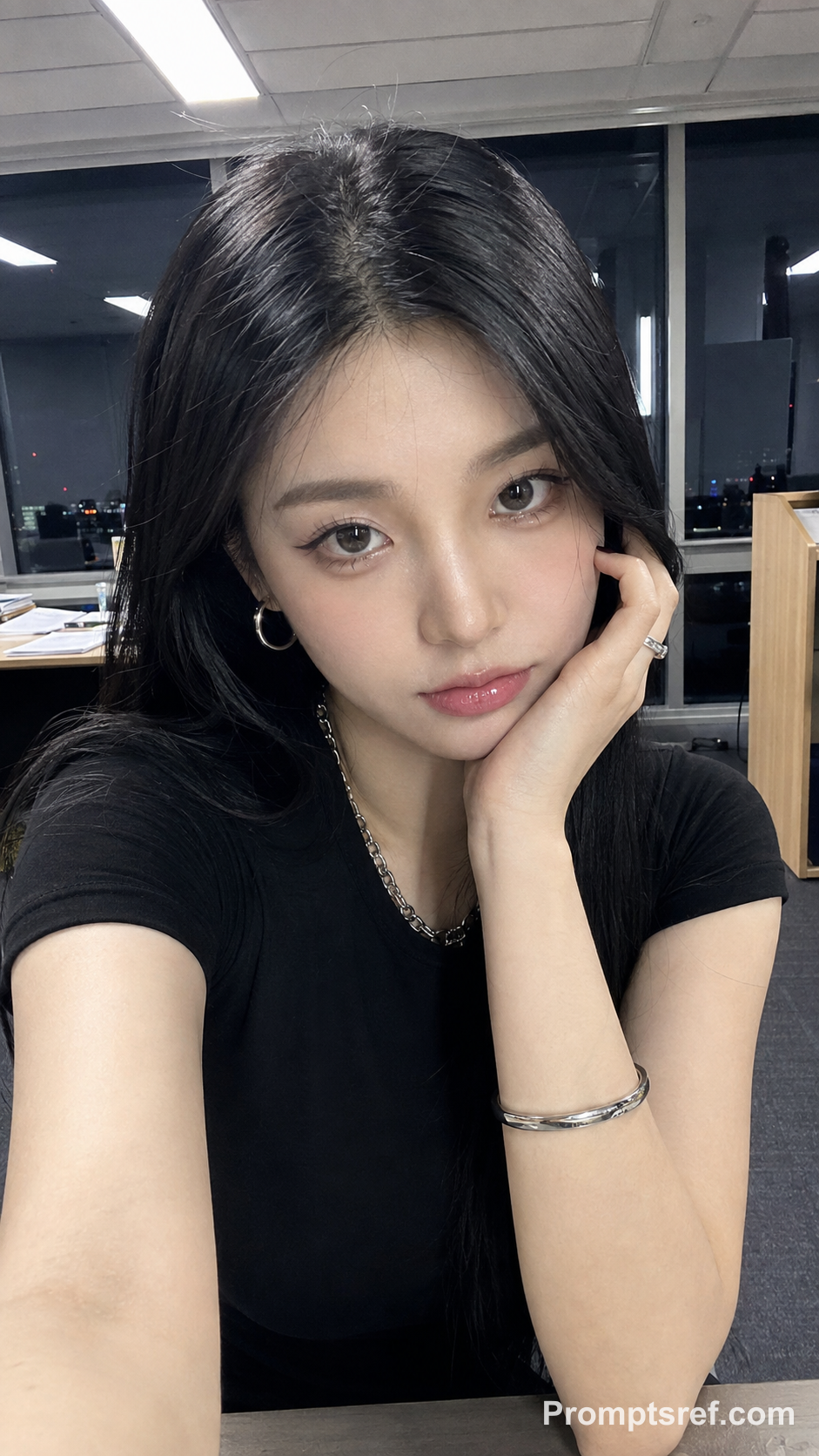 Night Office Flower-Pose Selfie