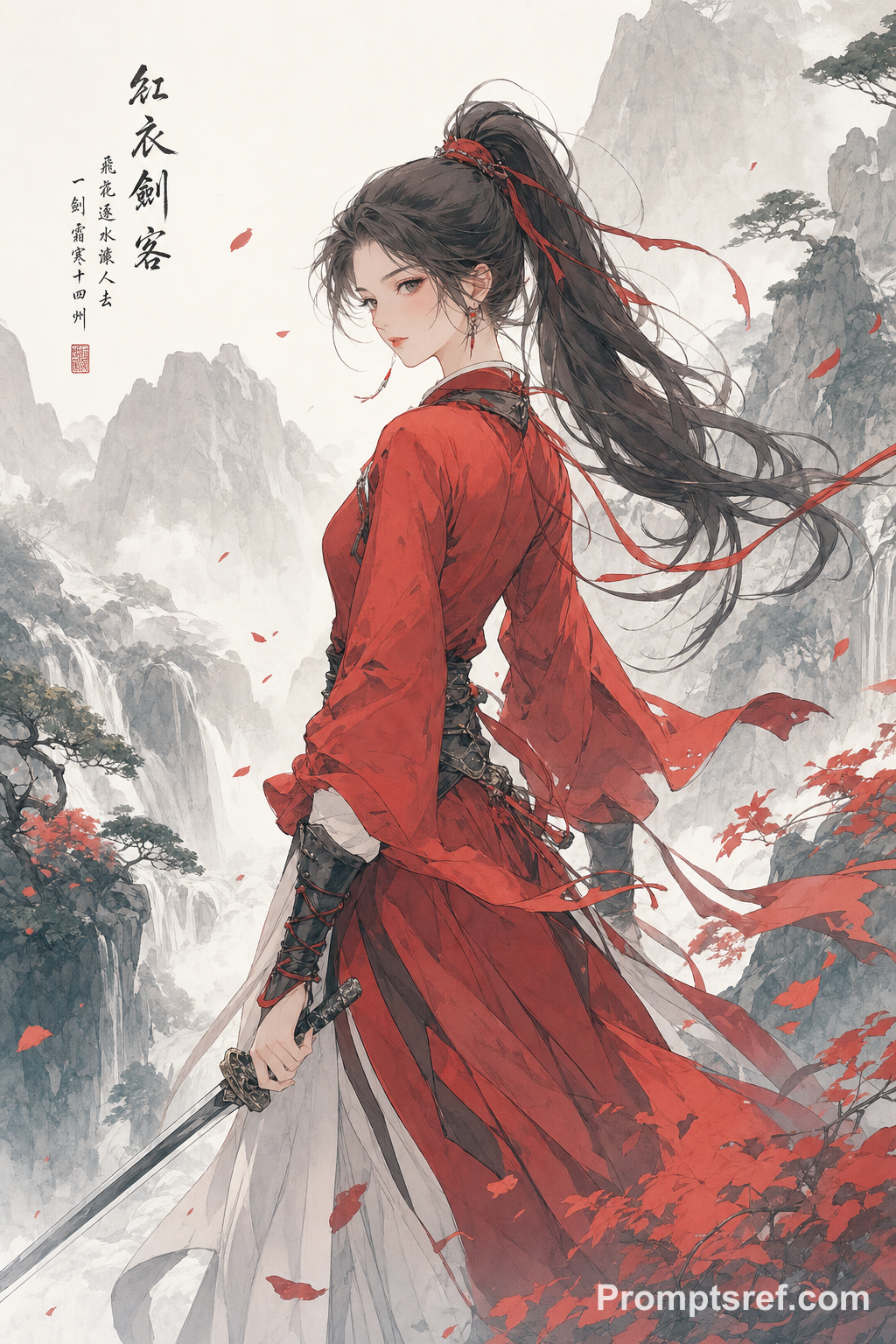 Red-Clad Ink-Wash Swordswoman