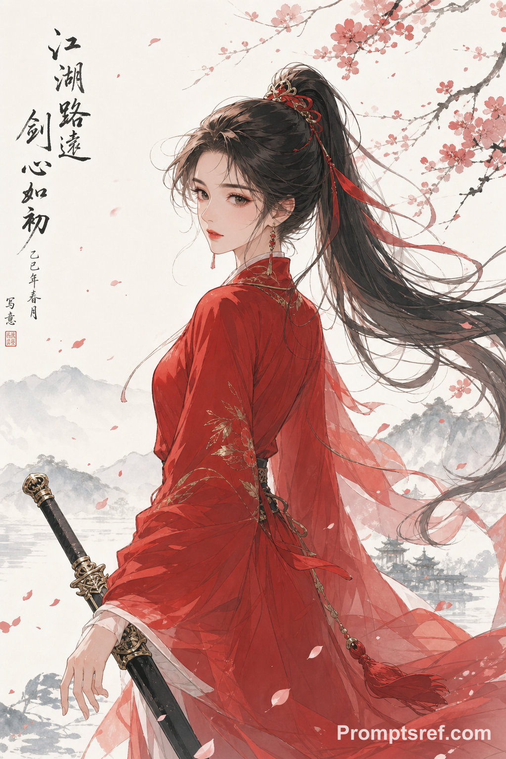 Red-Clad Ink-Wash Swordswoman