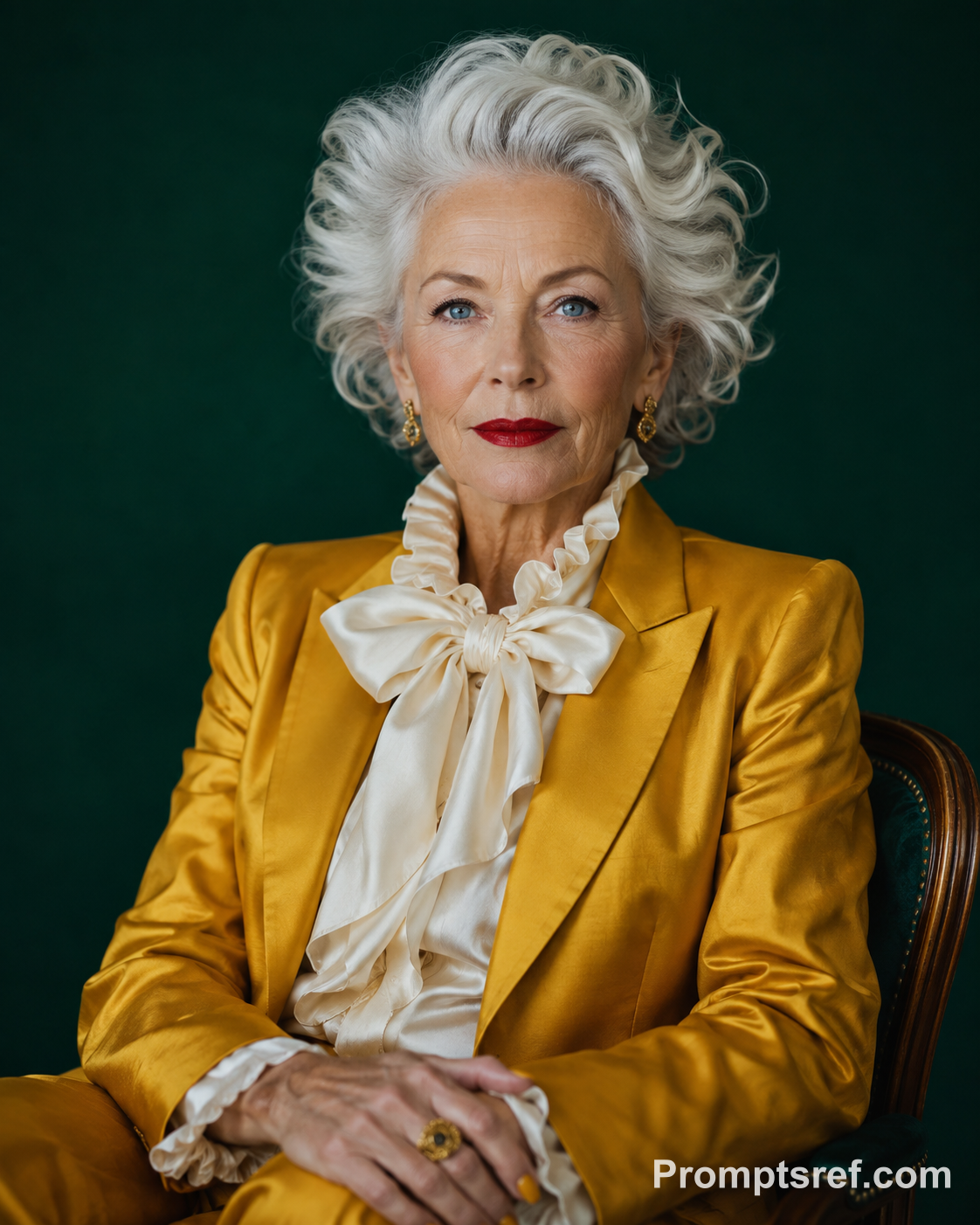 Silver-Haired Elegance in Mustard Satin