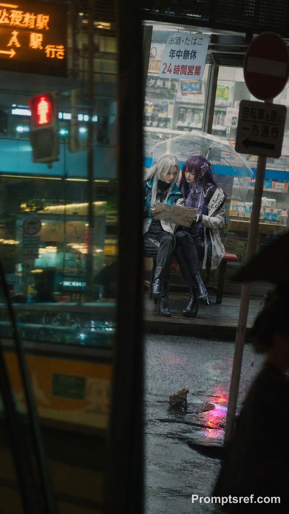 Rainy Night Cosplayers Reading a Map