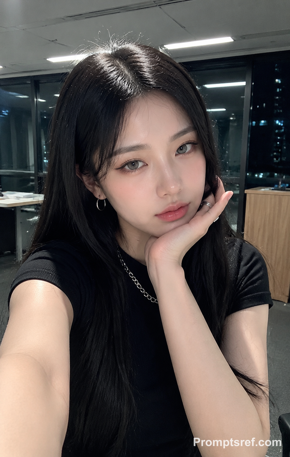 Night Office Flower-Pose Selfie