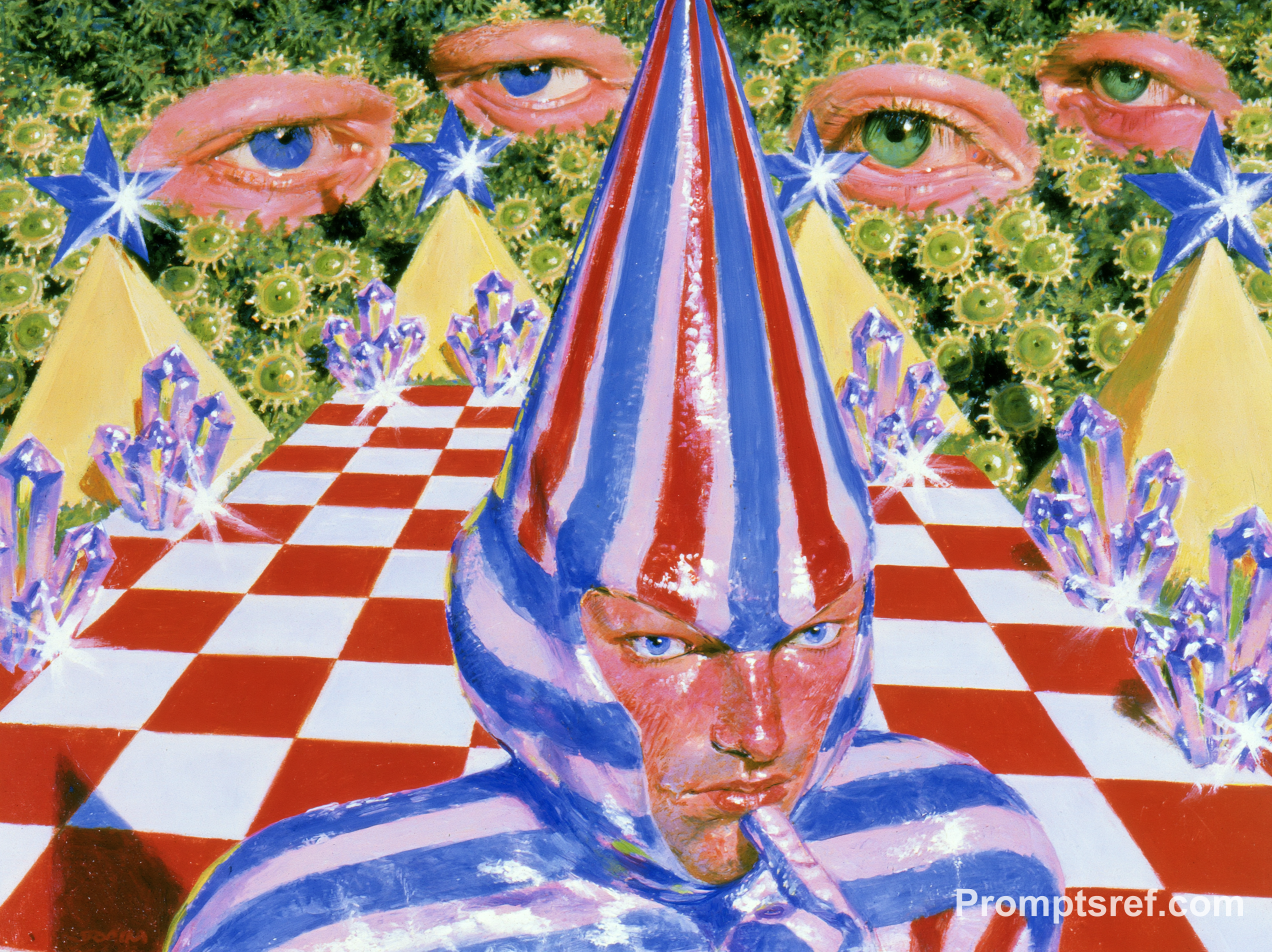 Coneheaded Humanoid in a Checker Jungle
