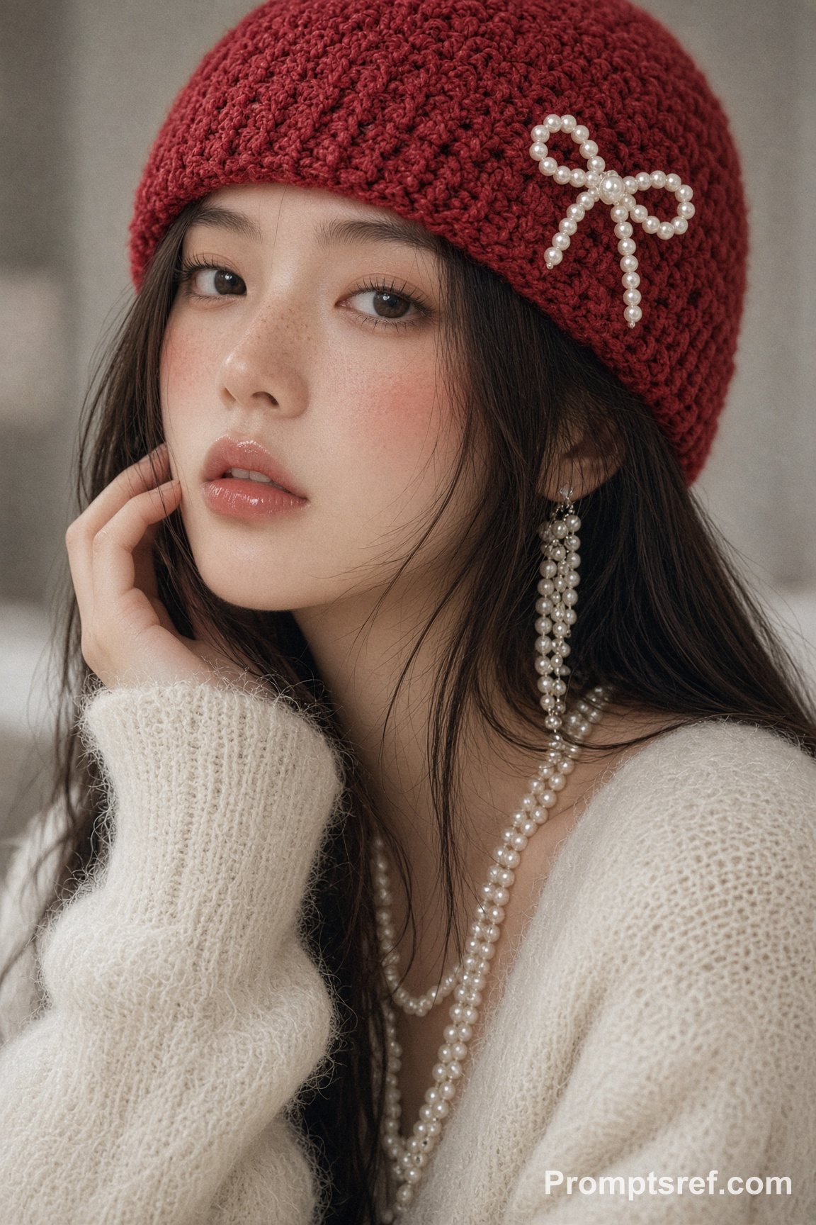 Red Beanie and Pearls Portrait