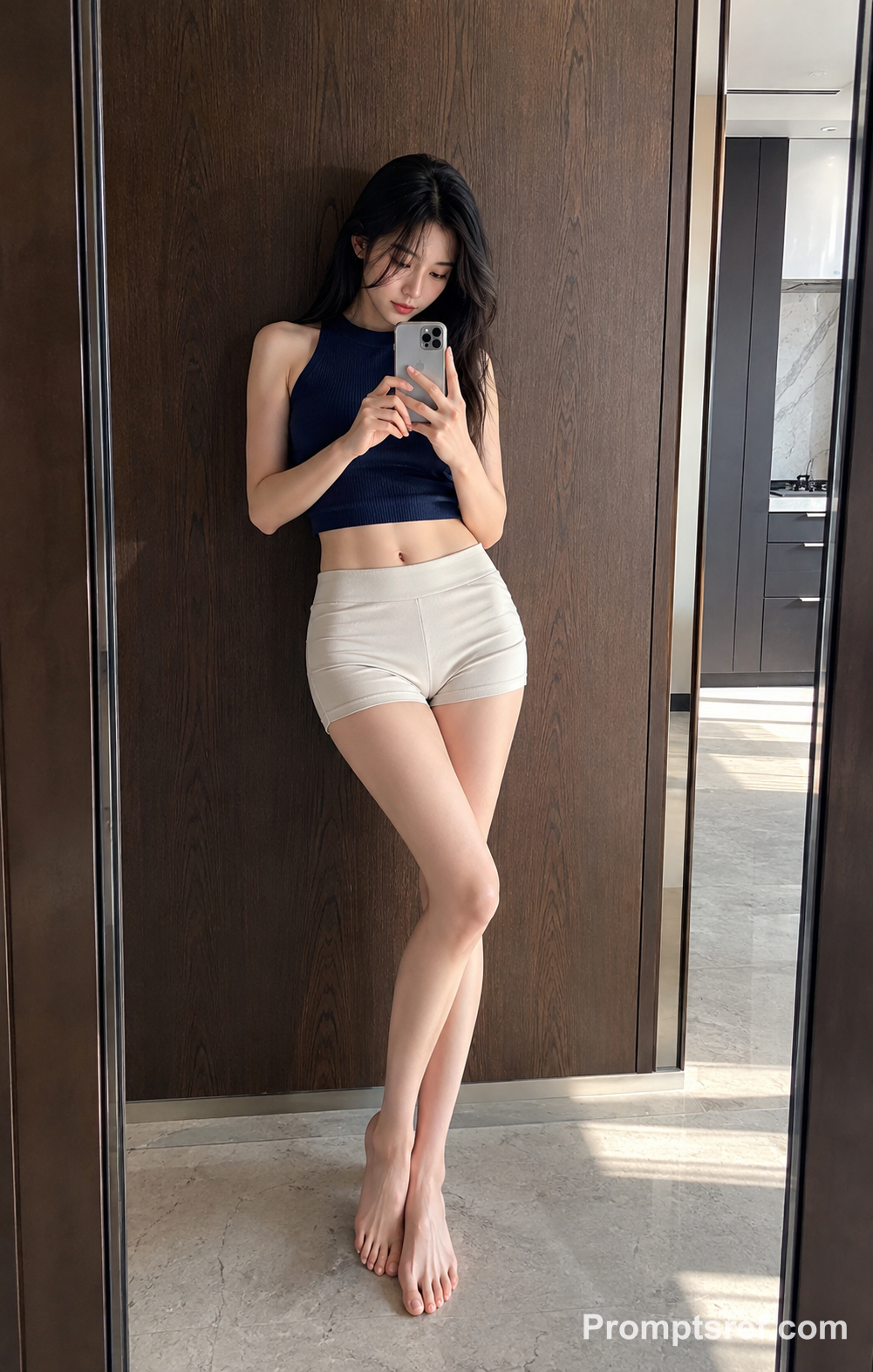 Quiet Mirror Selfie in a Walnut Interior