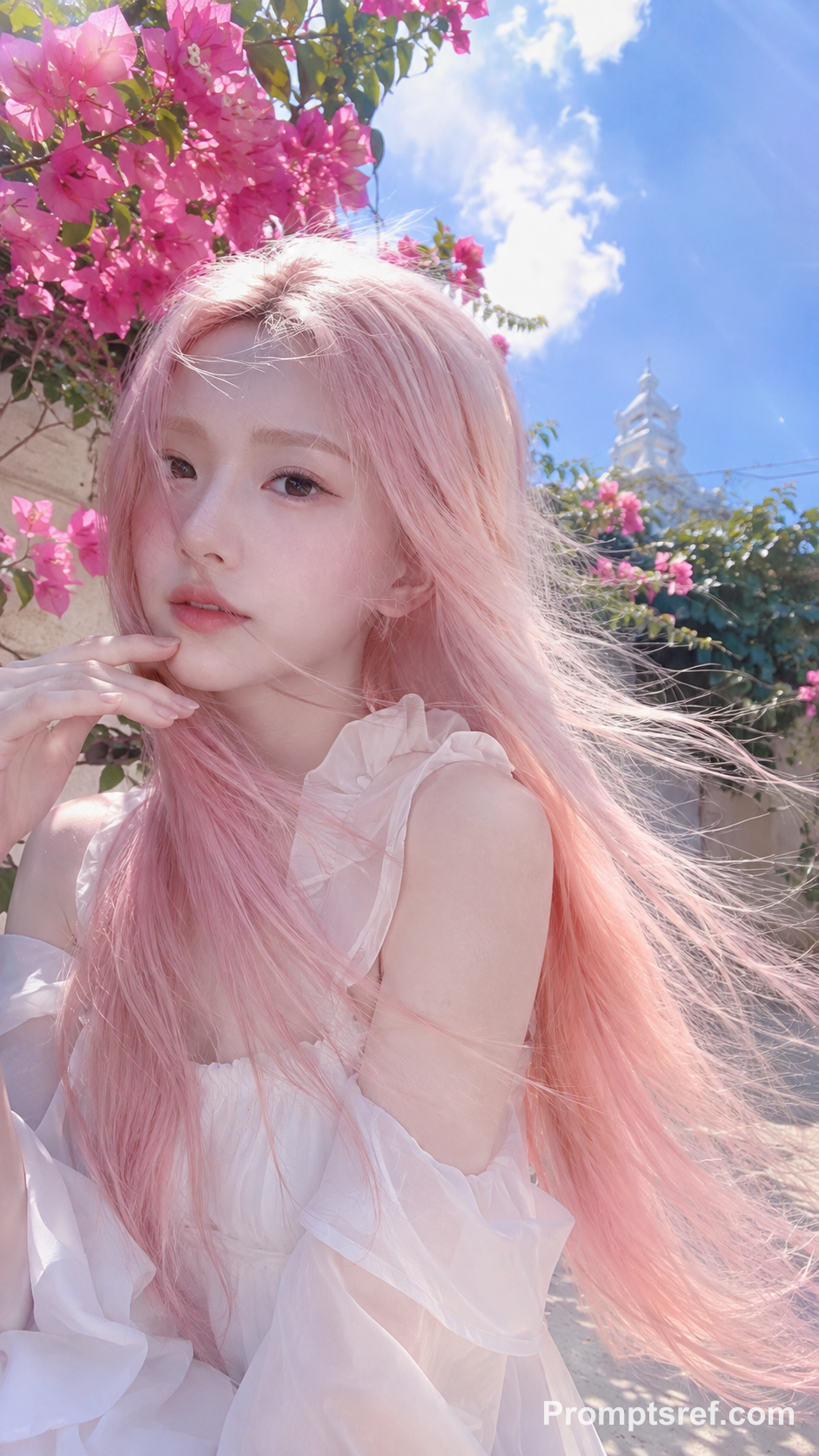 Pink-Haired Girl Under Bougainvillea