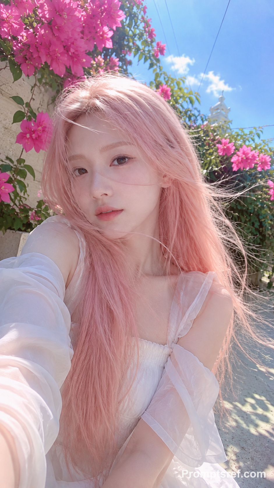 Pink-Haired Girl Under Bougainvillea