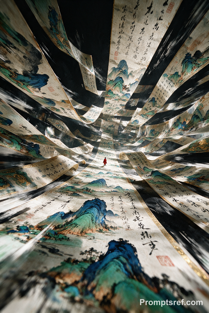 Scholar in Monumental Ink Scrolls