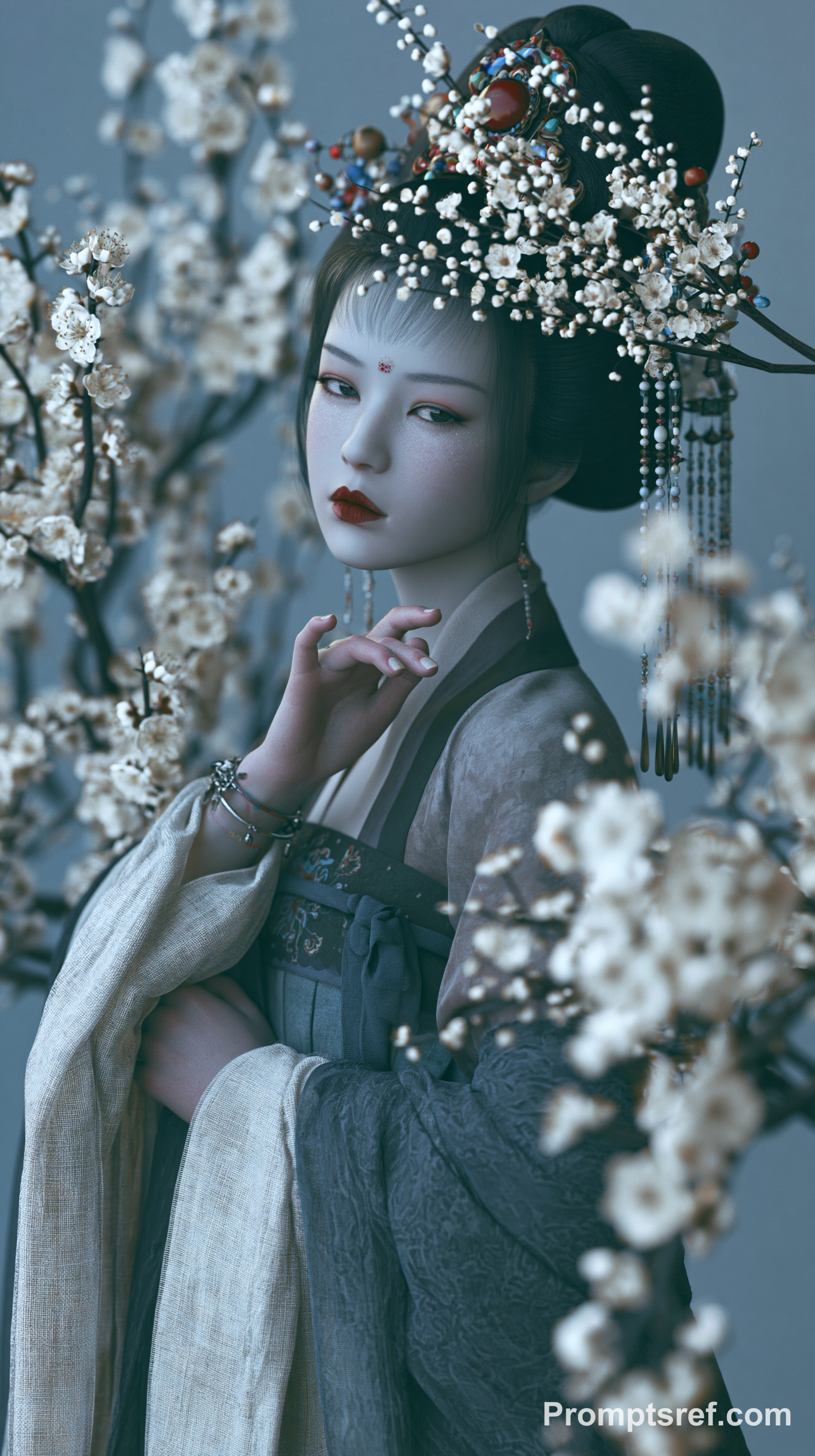 Ethereal Tang Goddess Among Porcelain Blossoms