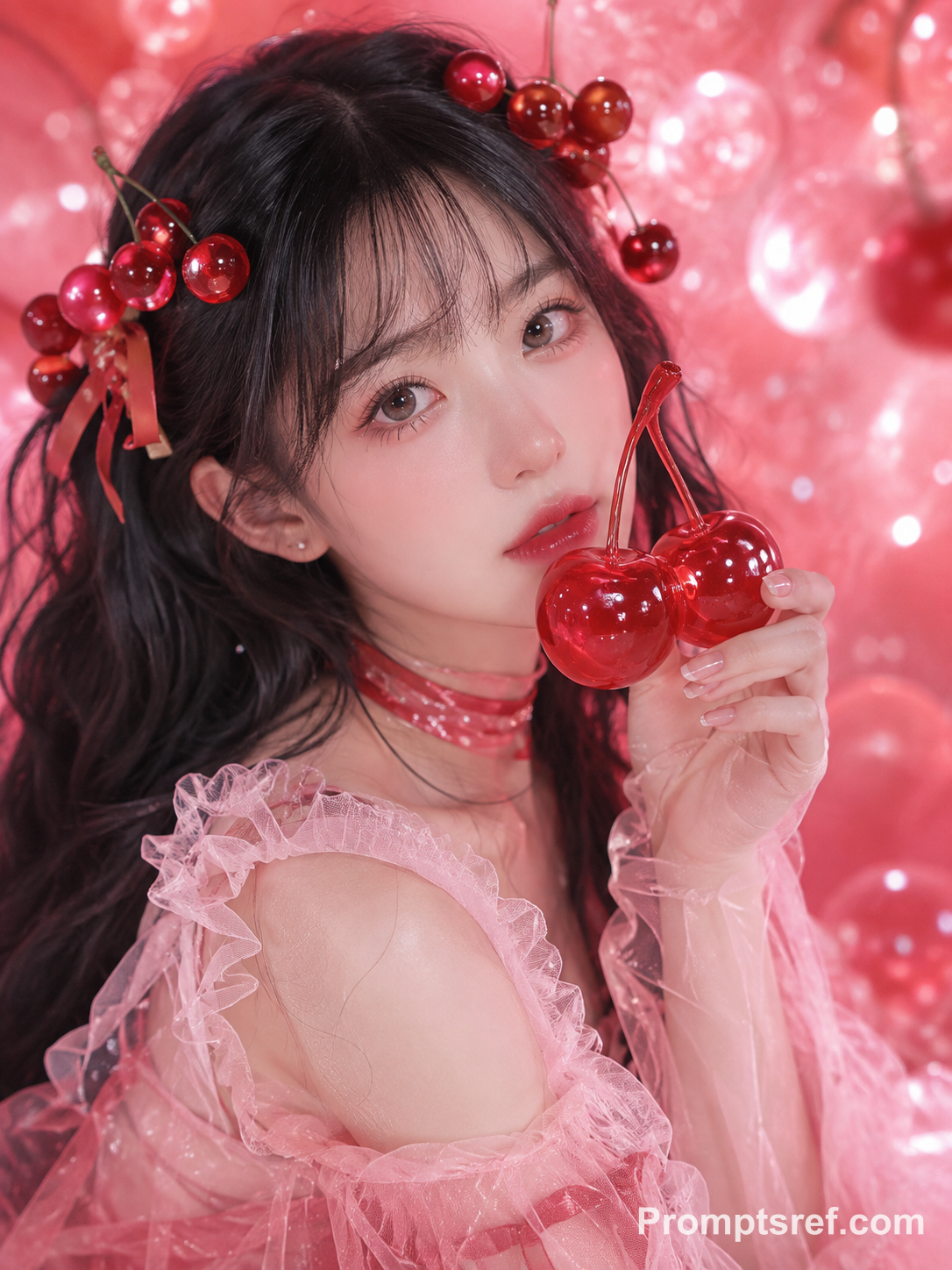Dreamy Cherry-Themed Fashion Portrait