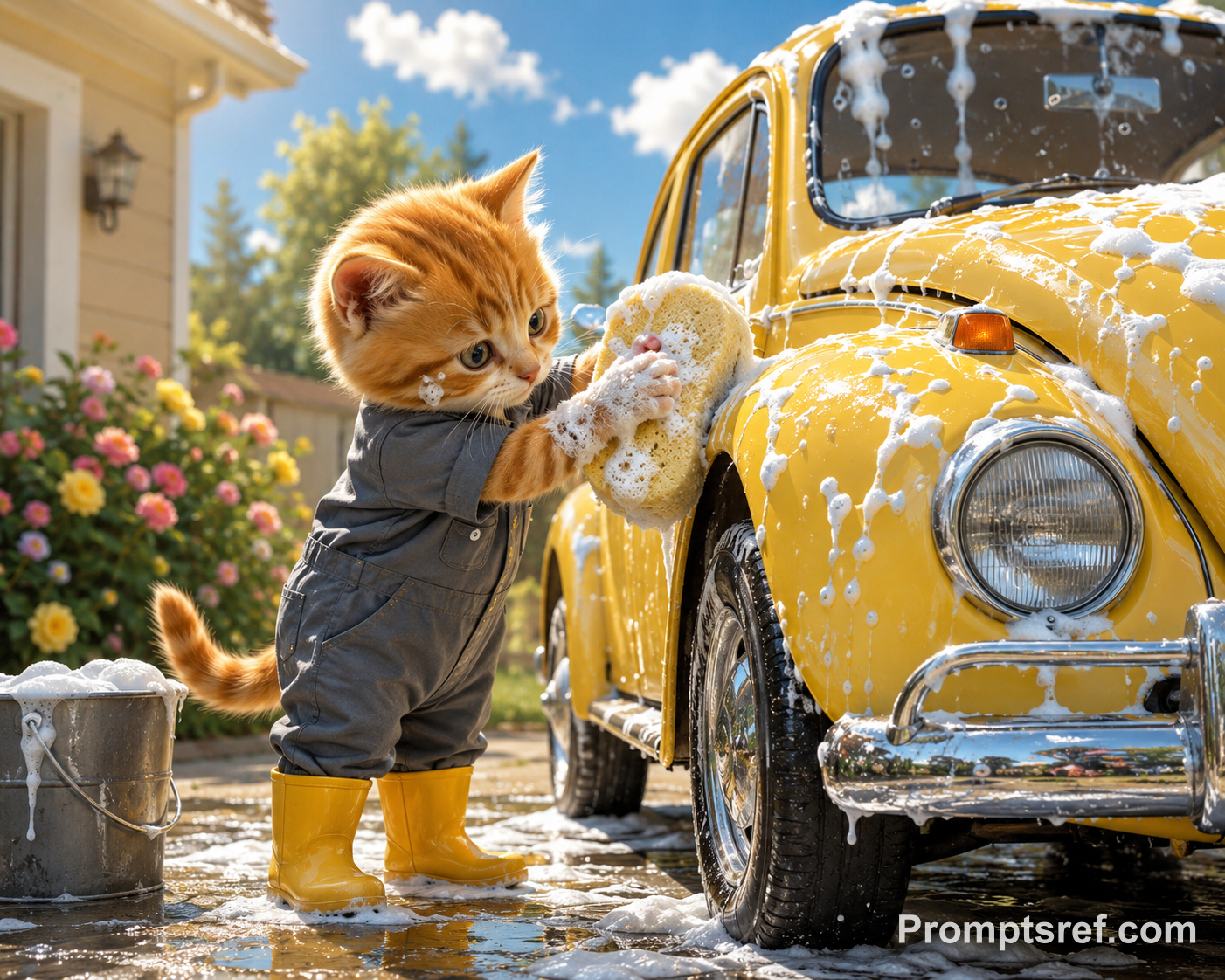 黄色いビートルを洗う赤毛の子猫