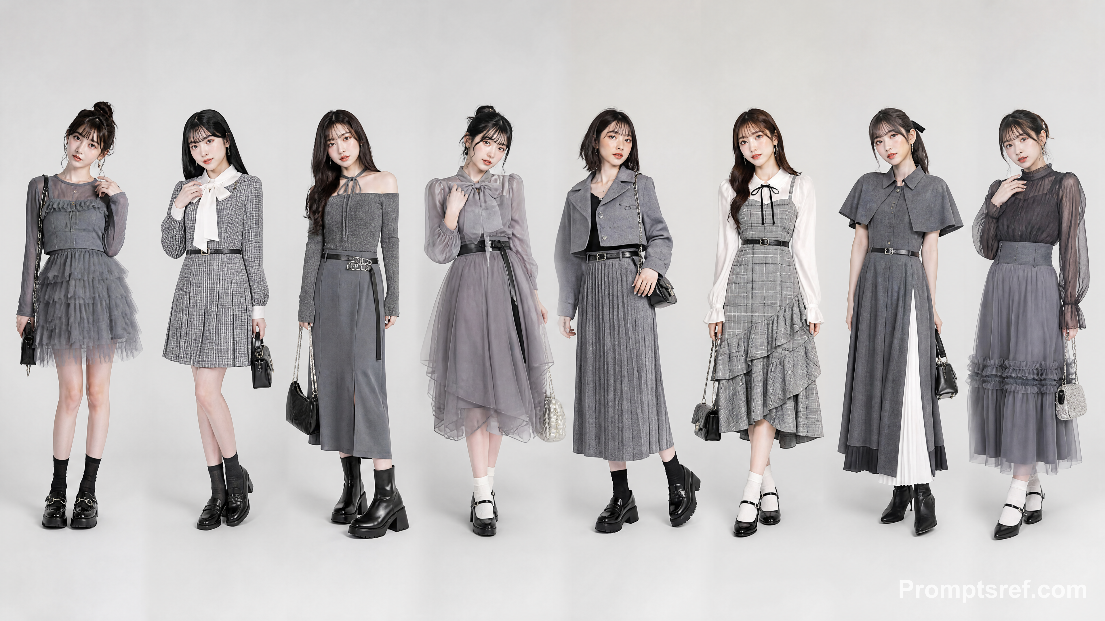 Huit Japonaises en tenues monochromes à jupe