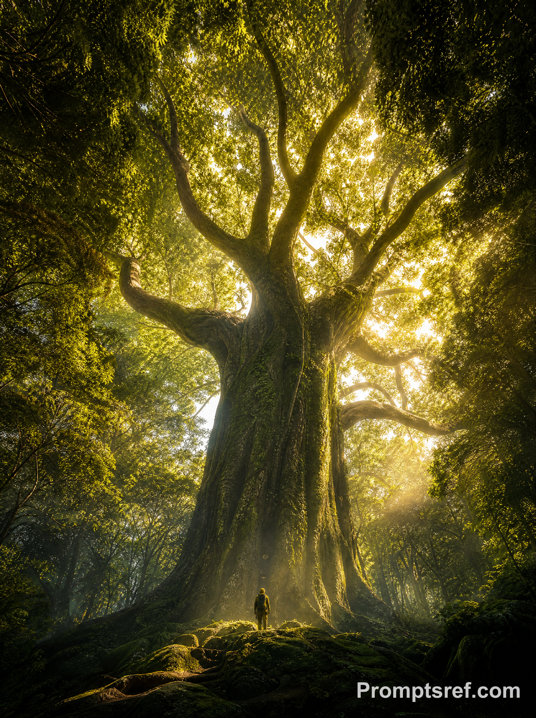 Pequeño viajero bajo un árbol ancestral sagrado