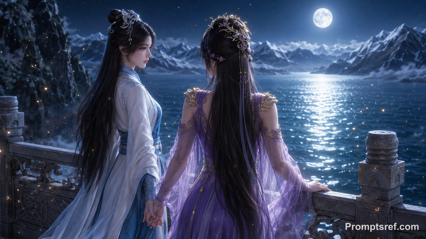 Compagnes xianxia face à la mer au clair de lune