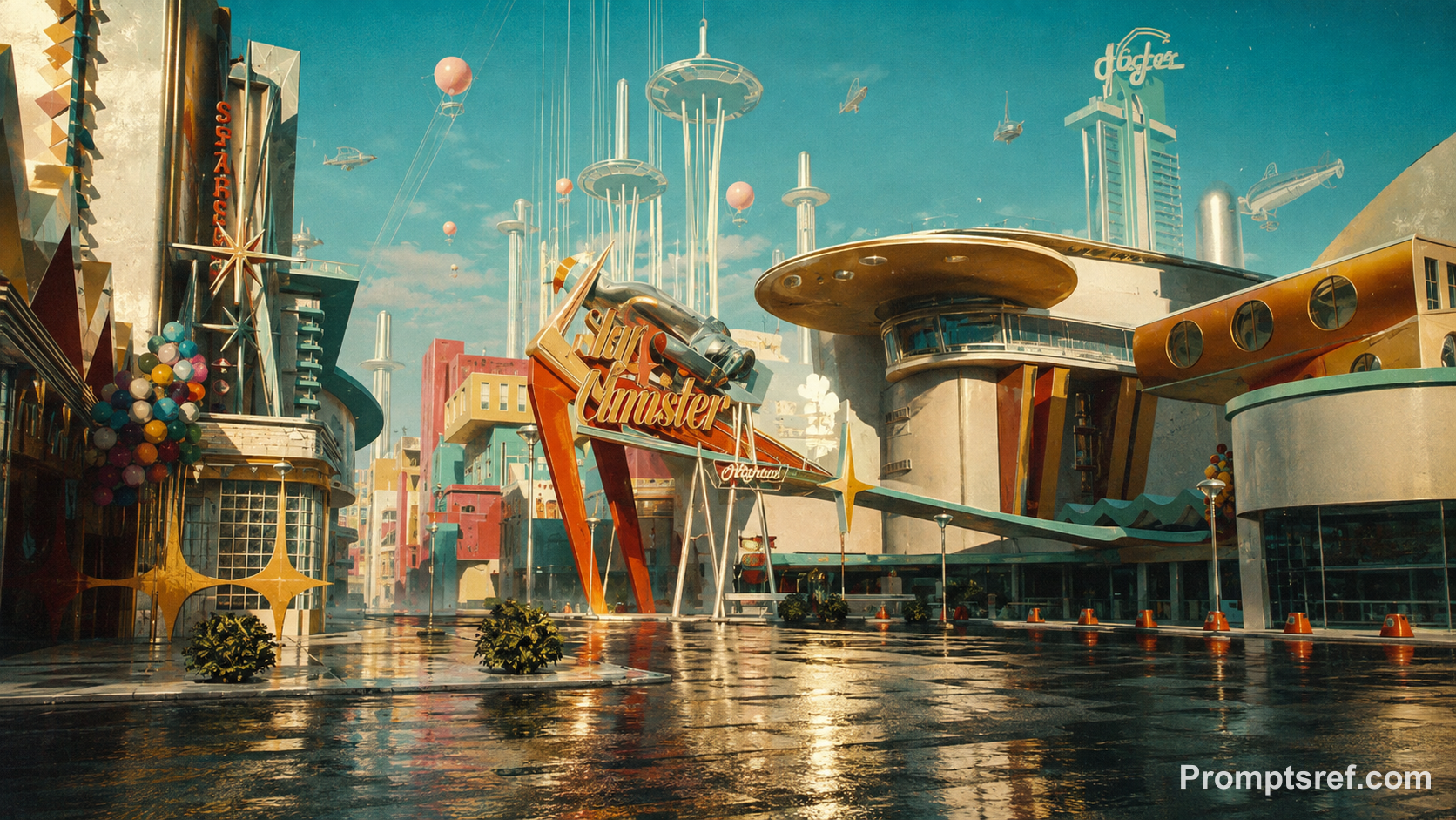 Ciudad retrofuturista de mediados de siglo tras la lluvia