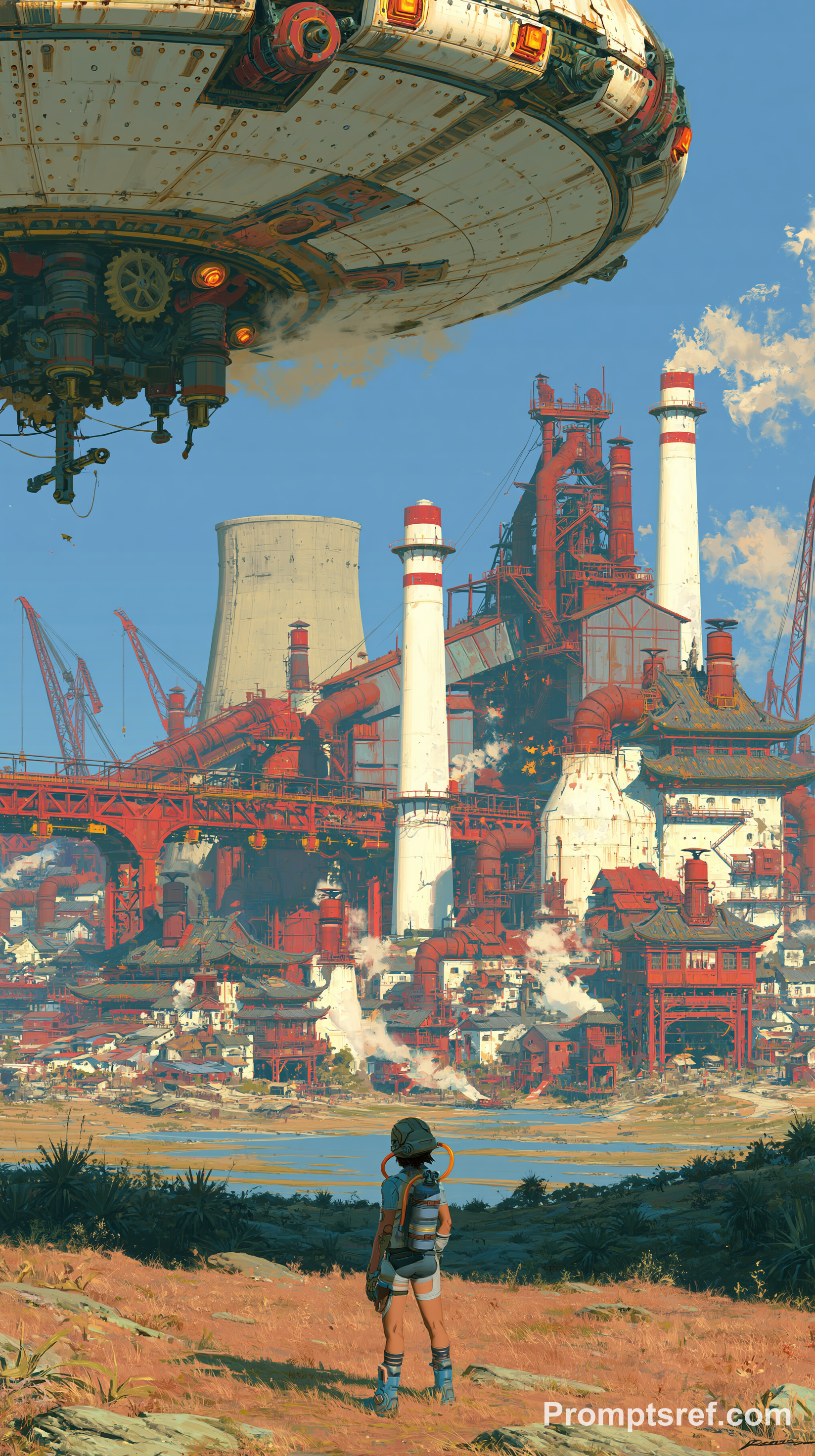 Solitary Cyborg Above a Chinese Dieselpunk City