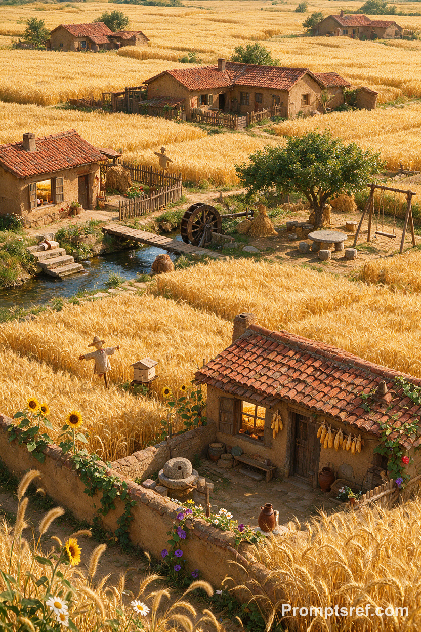 Golden Wheat Village in Harvest Season