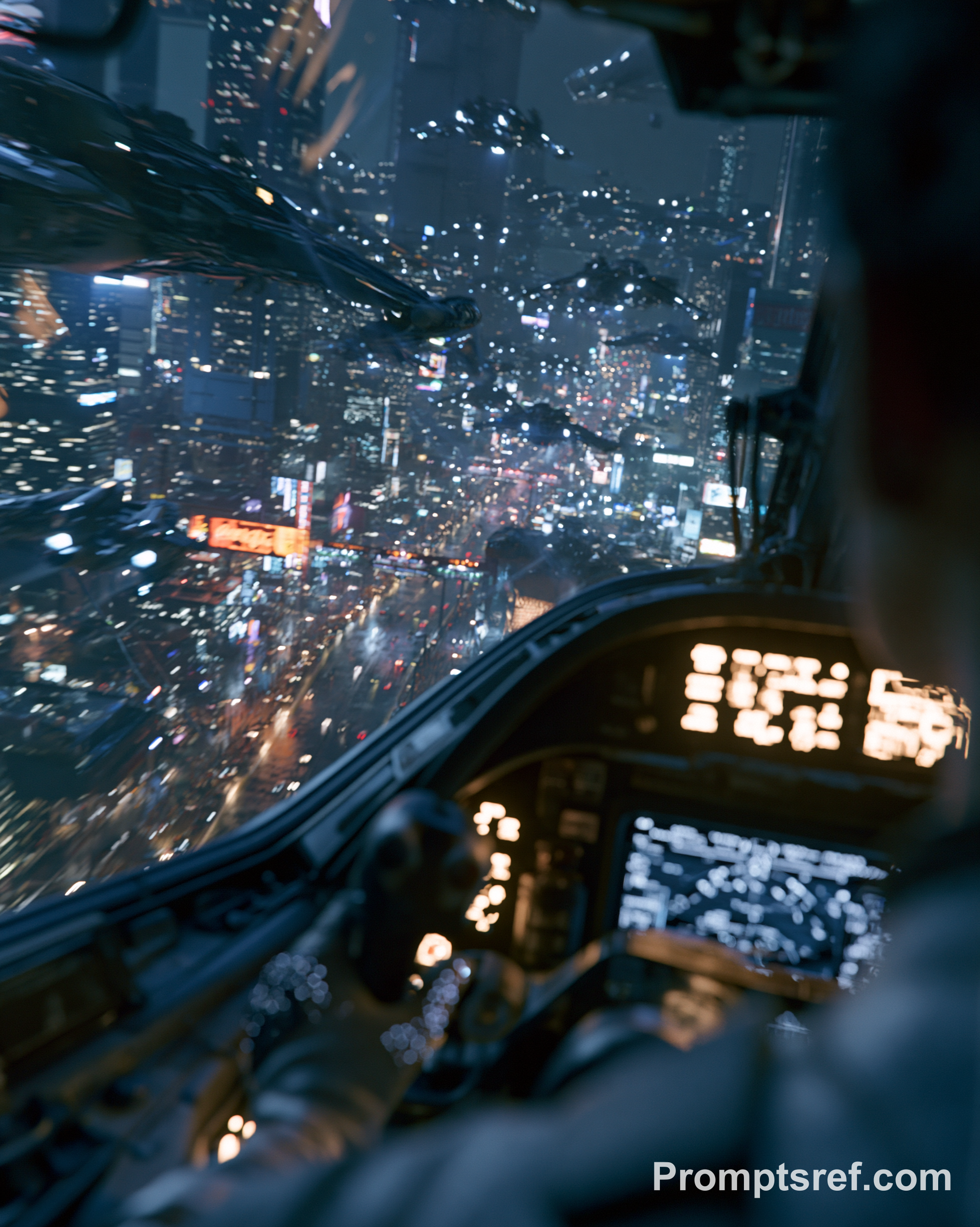 Starship Cockpit Over a Neon Metropolis