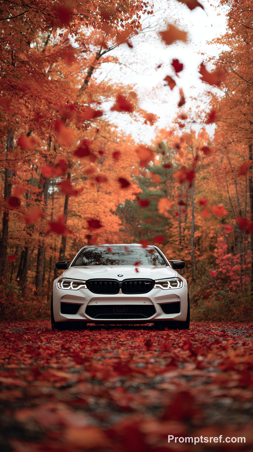 붉은 단풍 속 흰색 BMW