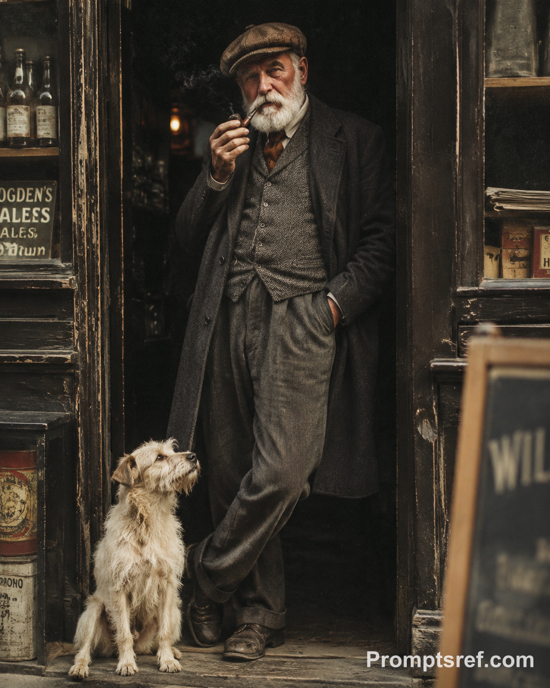 Portrait vintage dans une entrée avec un terrier