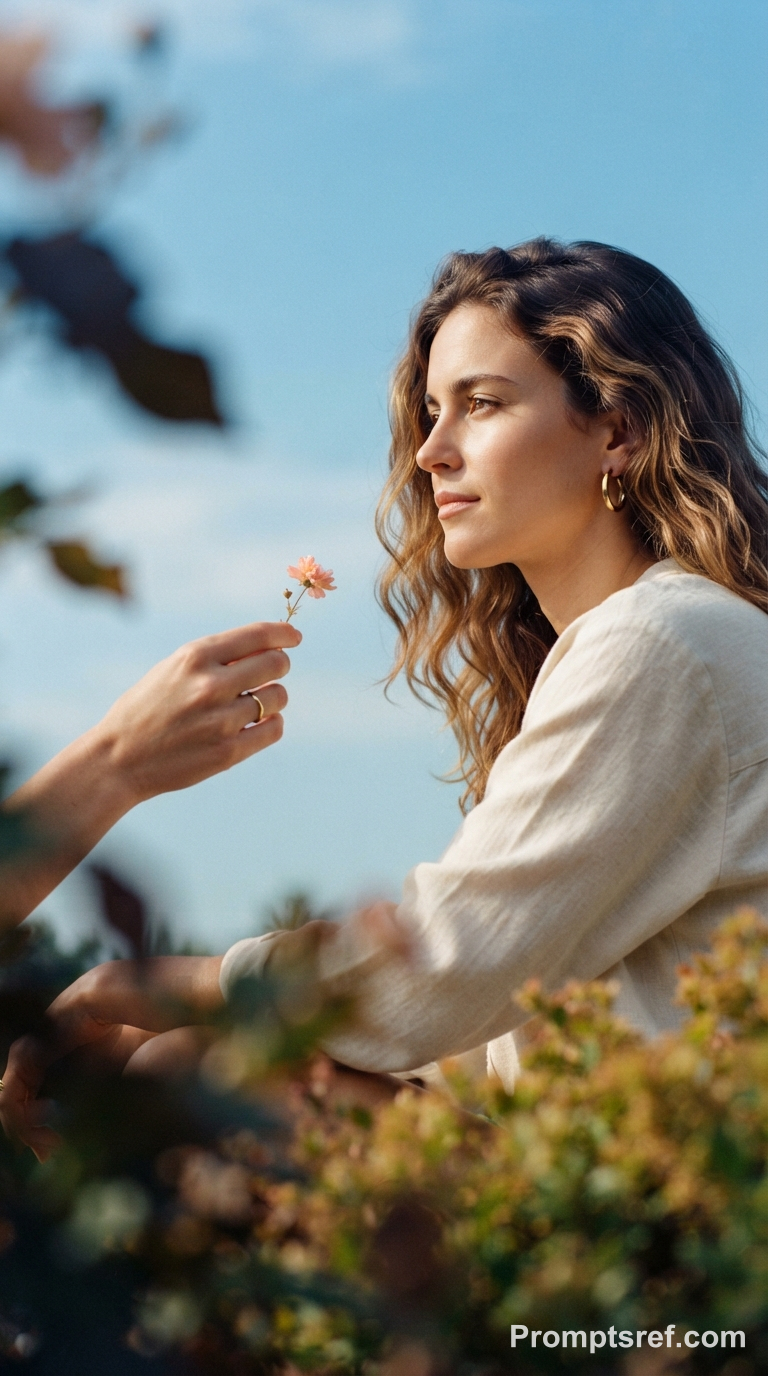 Filmisches Porträt vor blauem Himmel mit kleiner Blüte