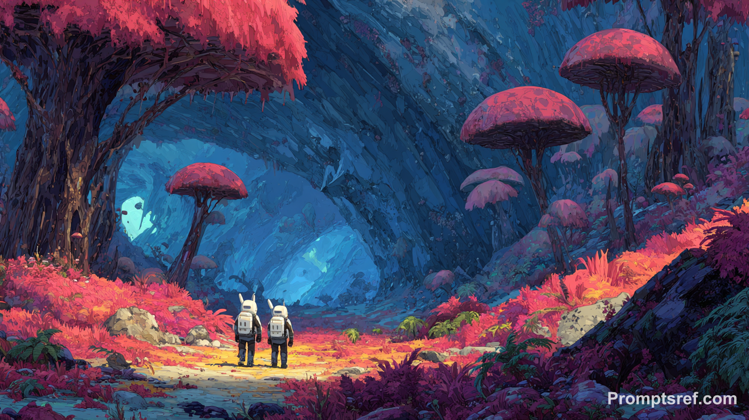 Cartoon Space Rangers in a Mushroom Forest