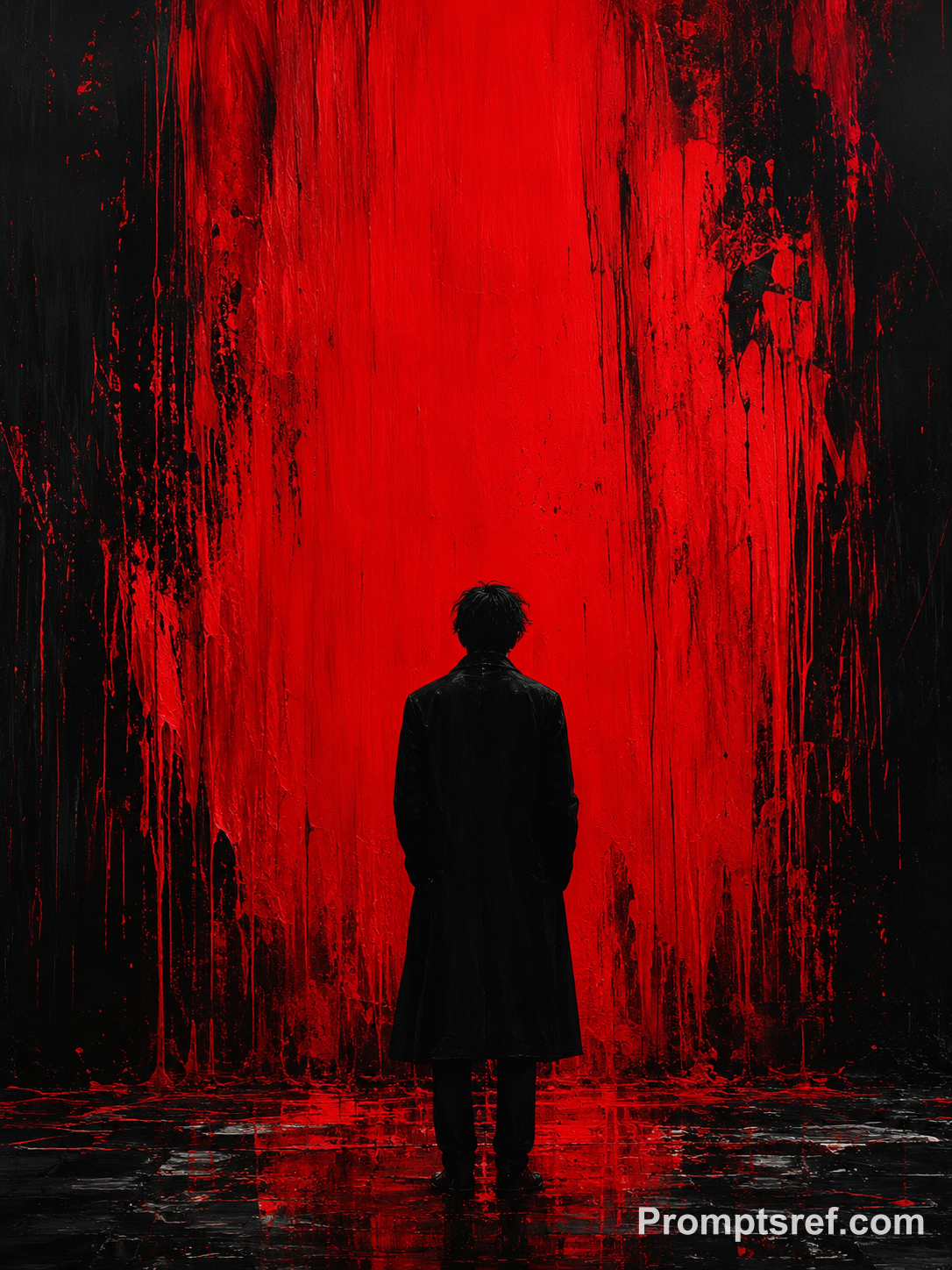 Solitary Figure Before Crimson Canvas