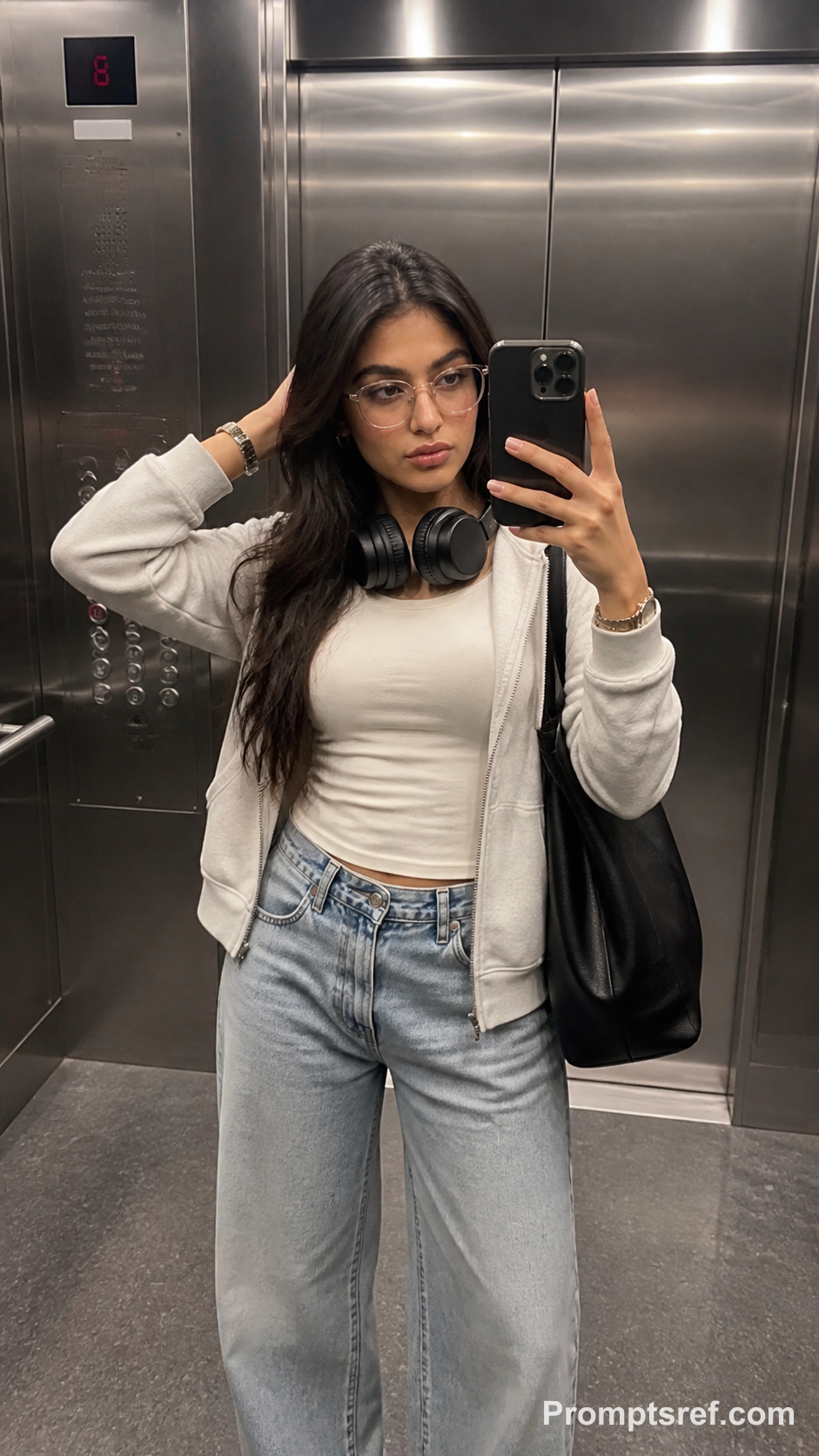 Young Woman Mirror Selfie in Brushed Steel