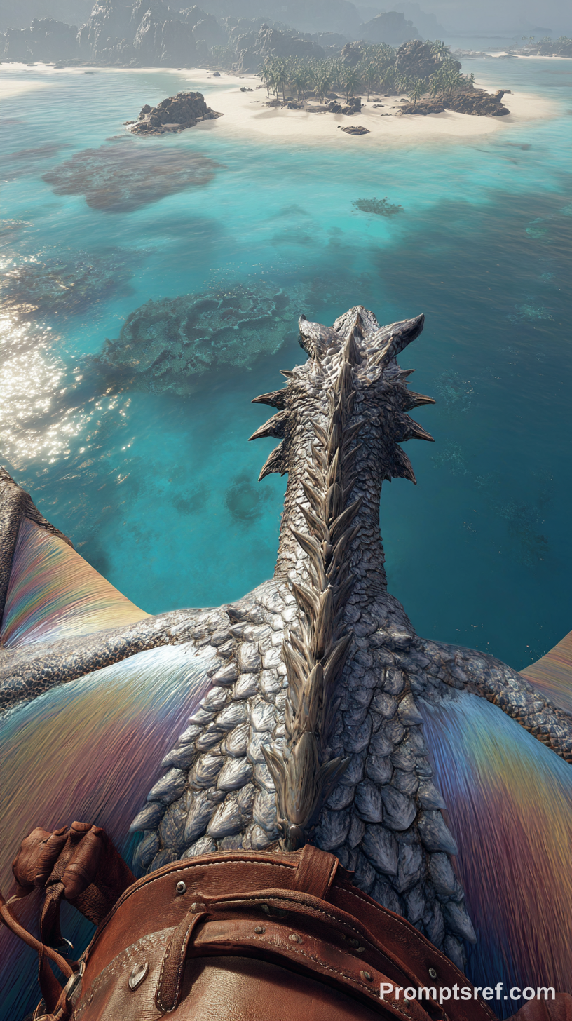 Vue à dos de dragon, écailles iridescentes