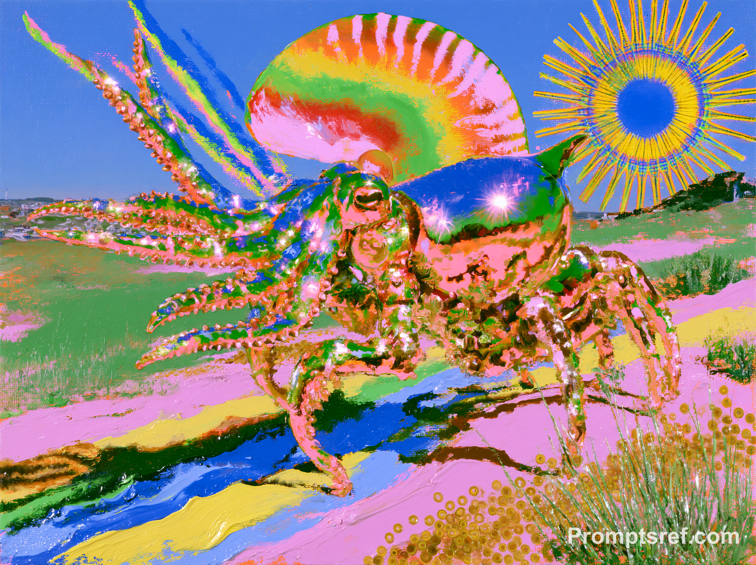 Painterly Multi-Legged Cephalopod Among Shells and Diatoms