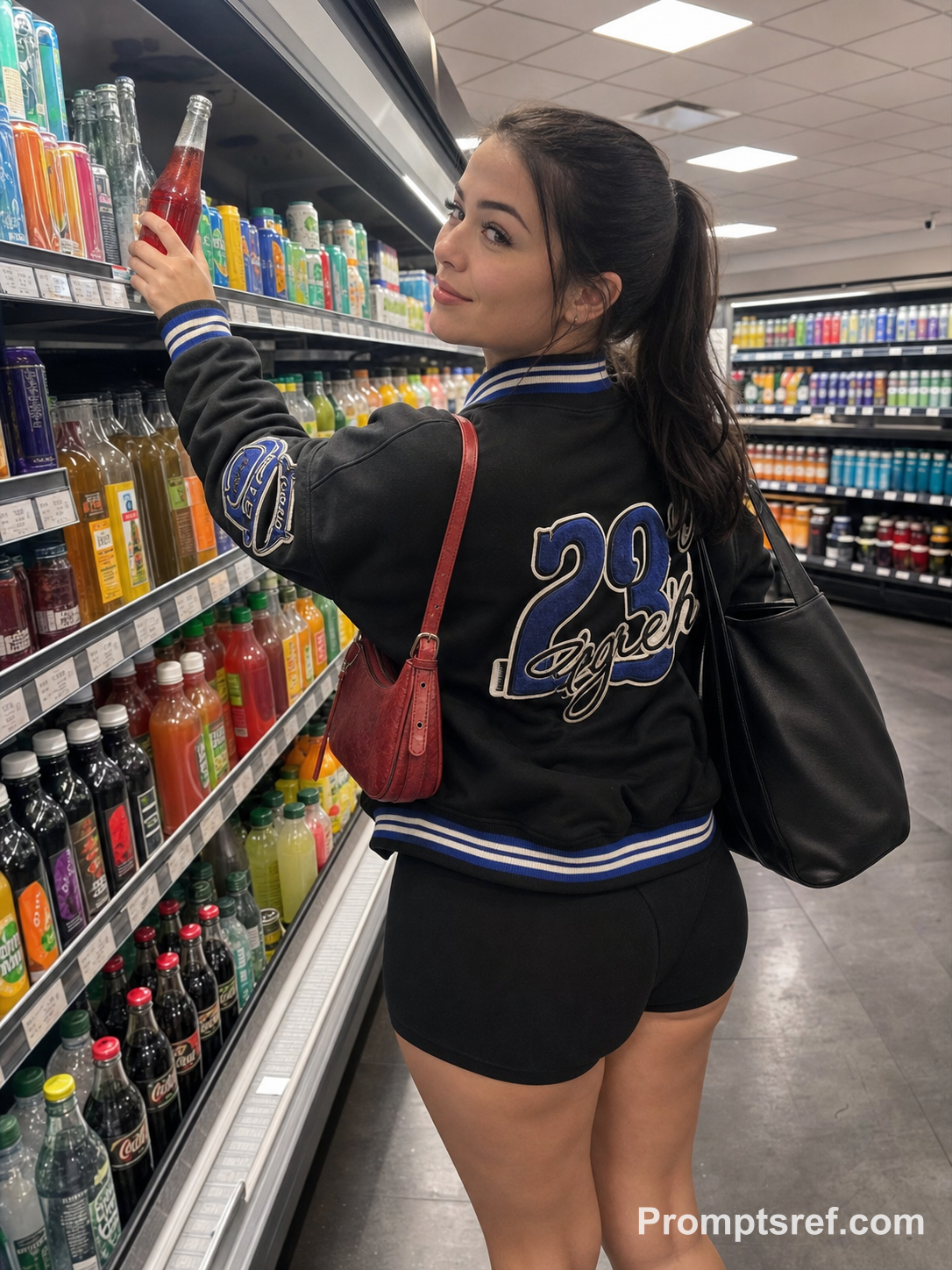 Ponytailed Woman in Supermarket Varsity Jacket