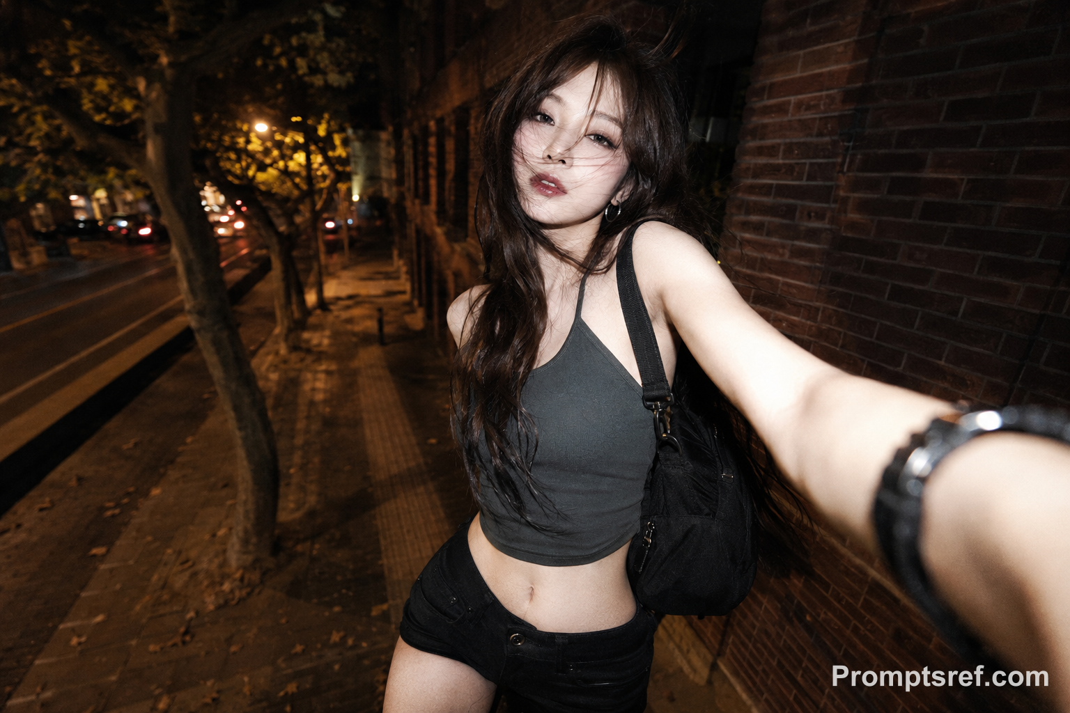 East Asian Woman Night Selfie, Flash Grain