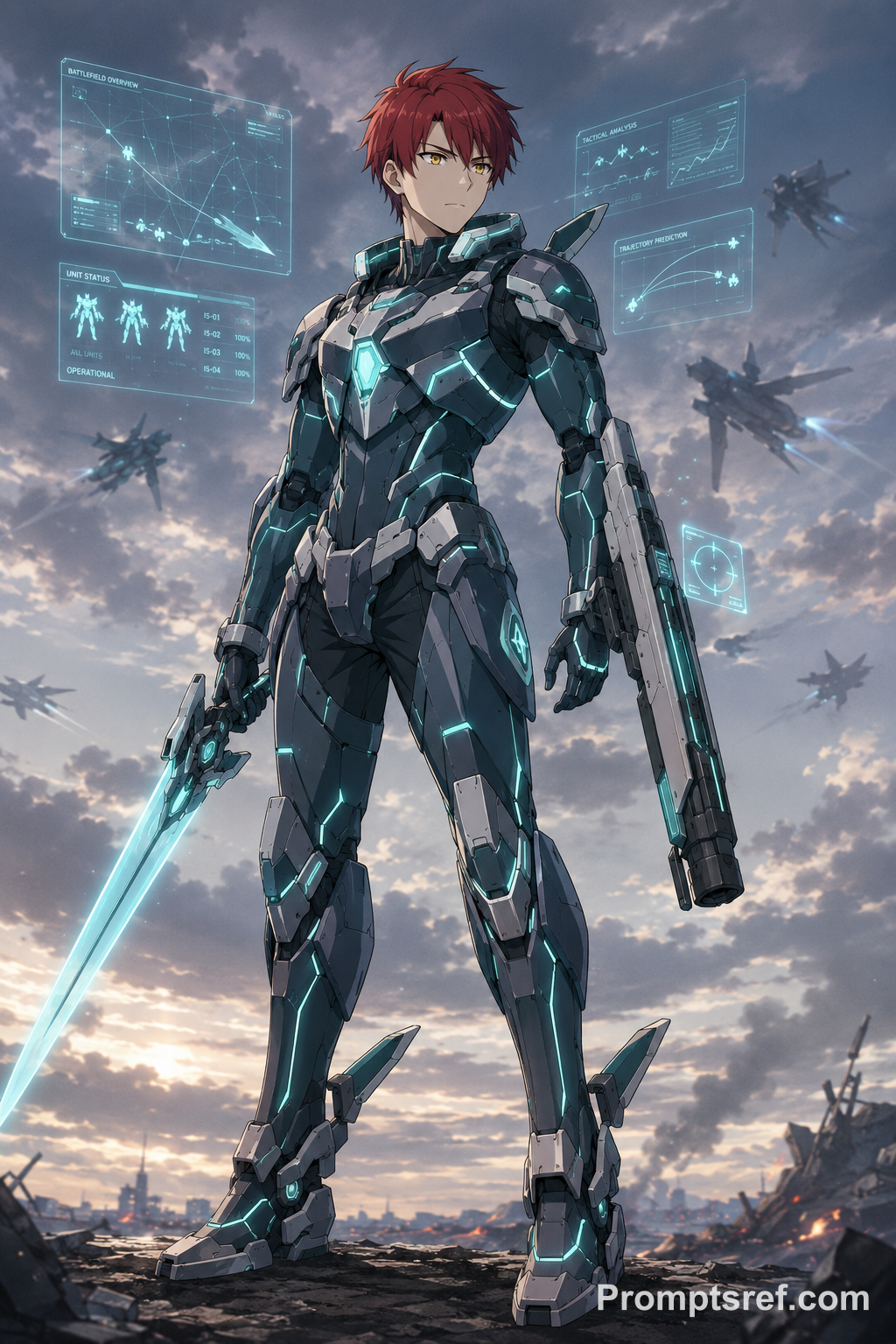 Calm Anime Strategist in Cyan Exosuit